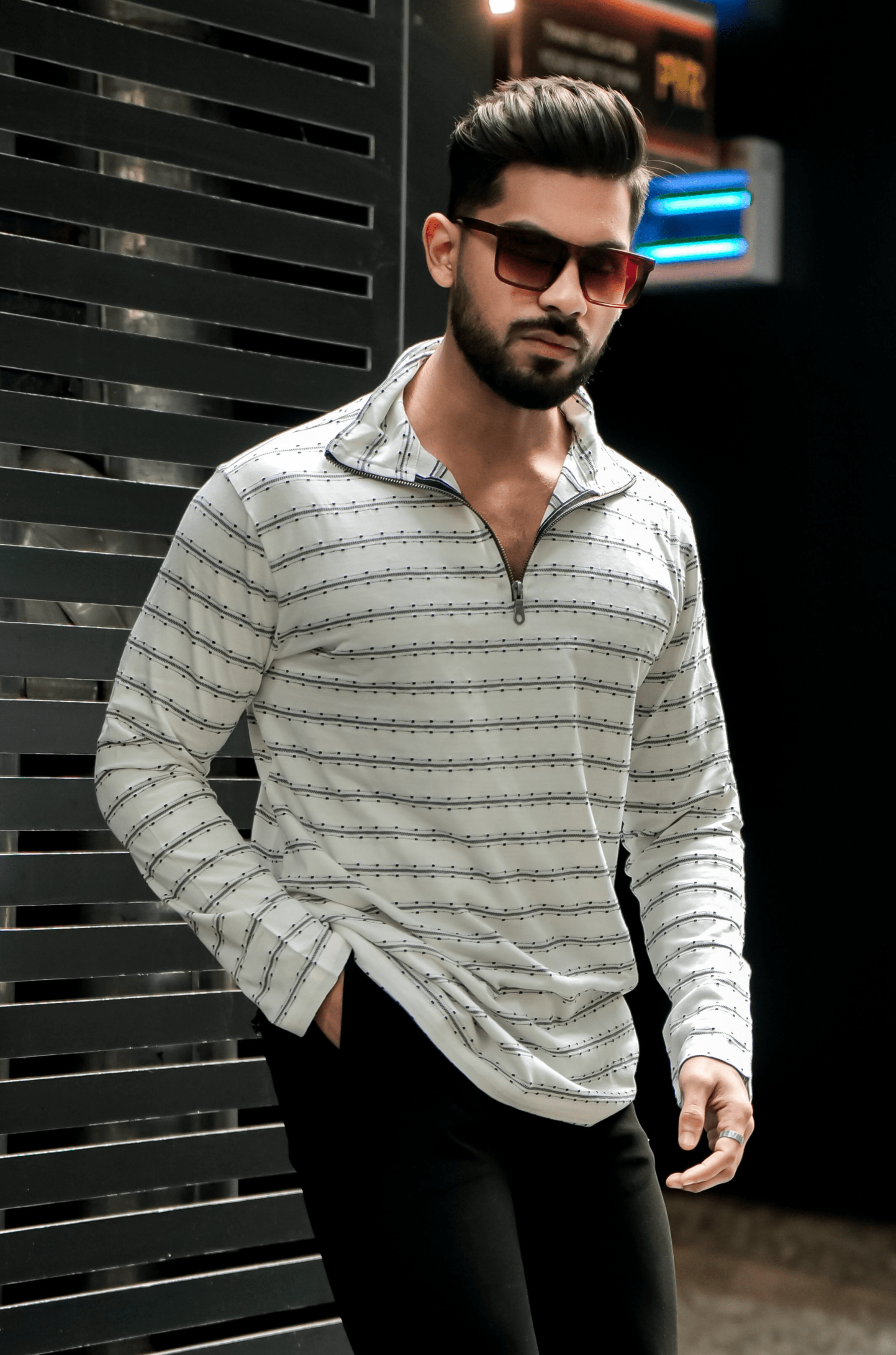 White Broad Stripe Self Design T-Shirt
