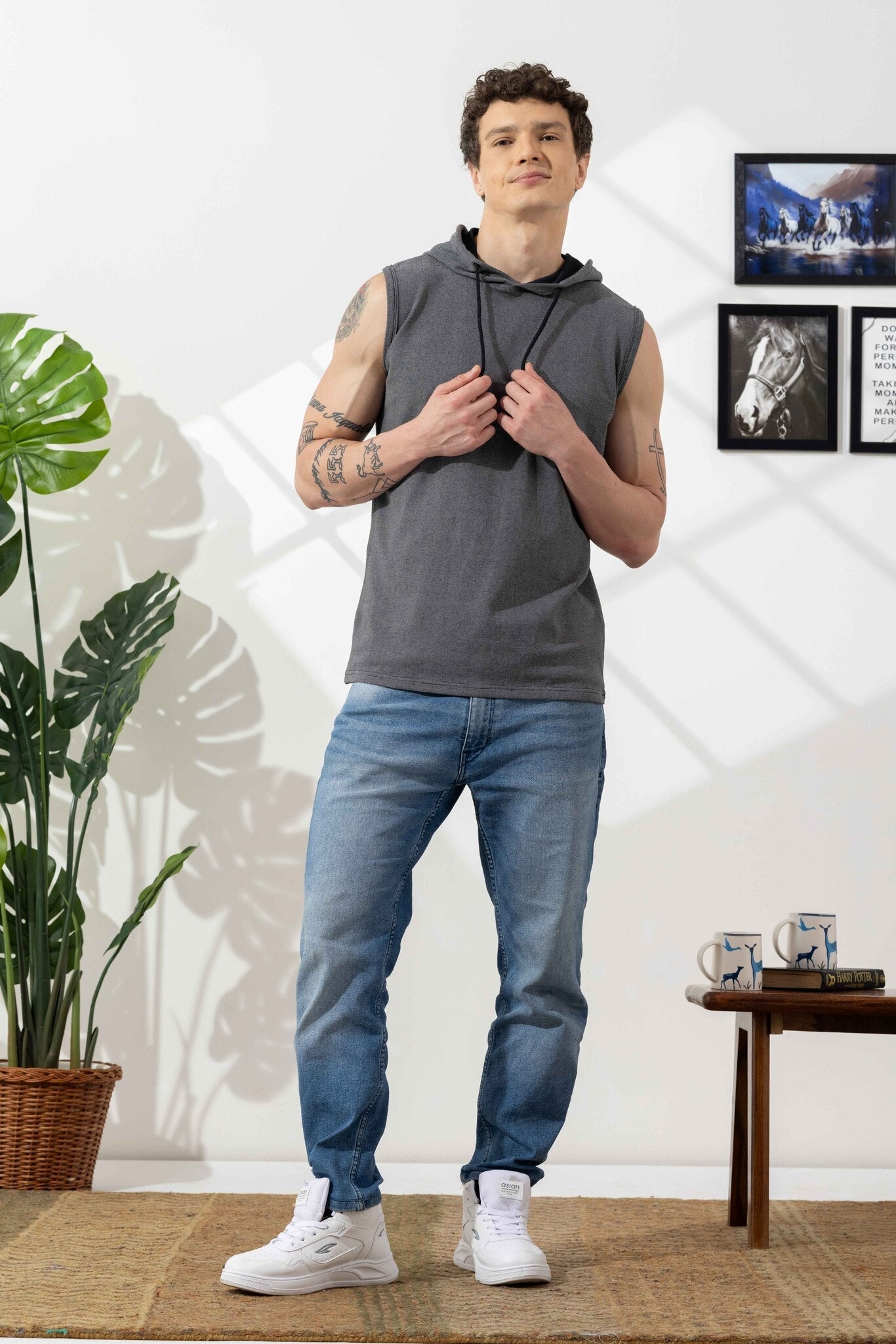 Dark Grey Sleeveless Cotton Hooded T-Shirt