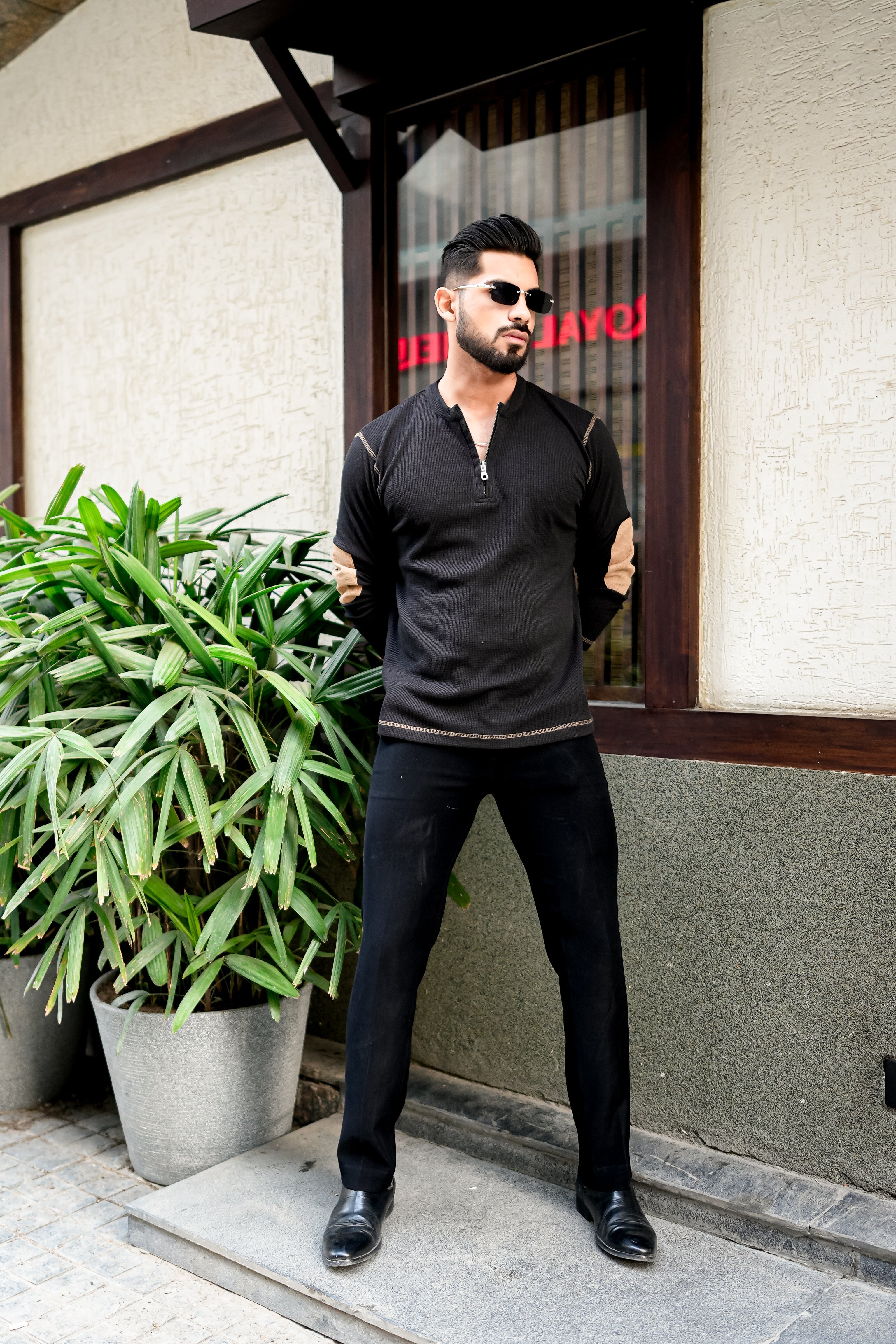 Black Cross Stitched Elbow Patch Waffle Zipper T-Shirt
