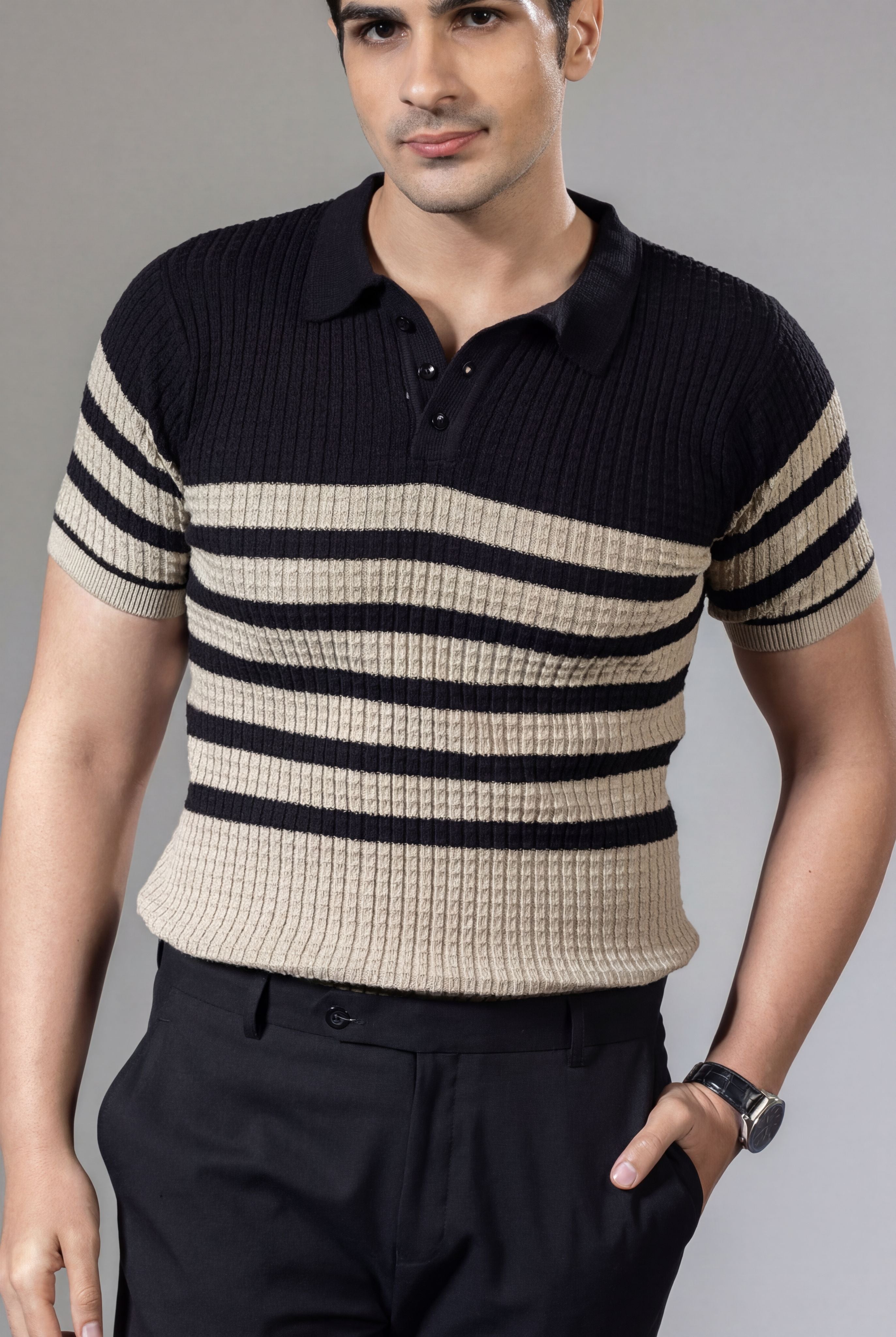Striper Textured Premium Flat Knit Polo T-Shirt