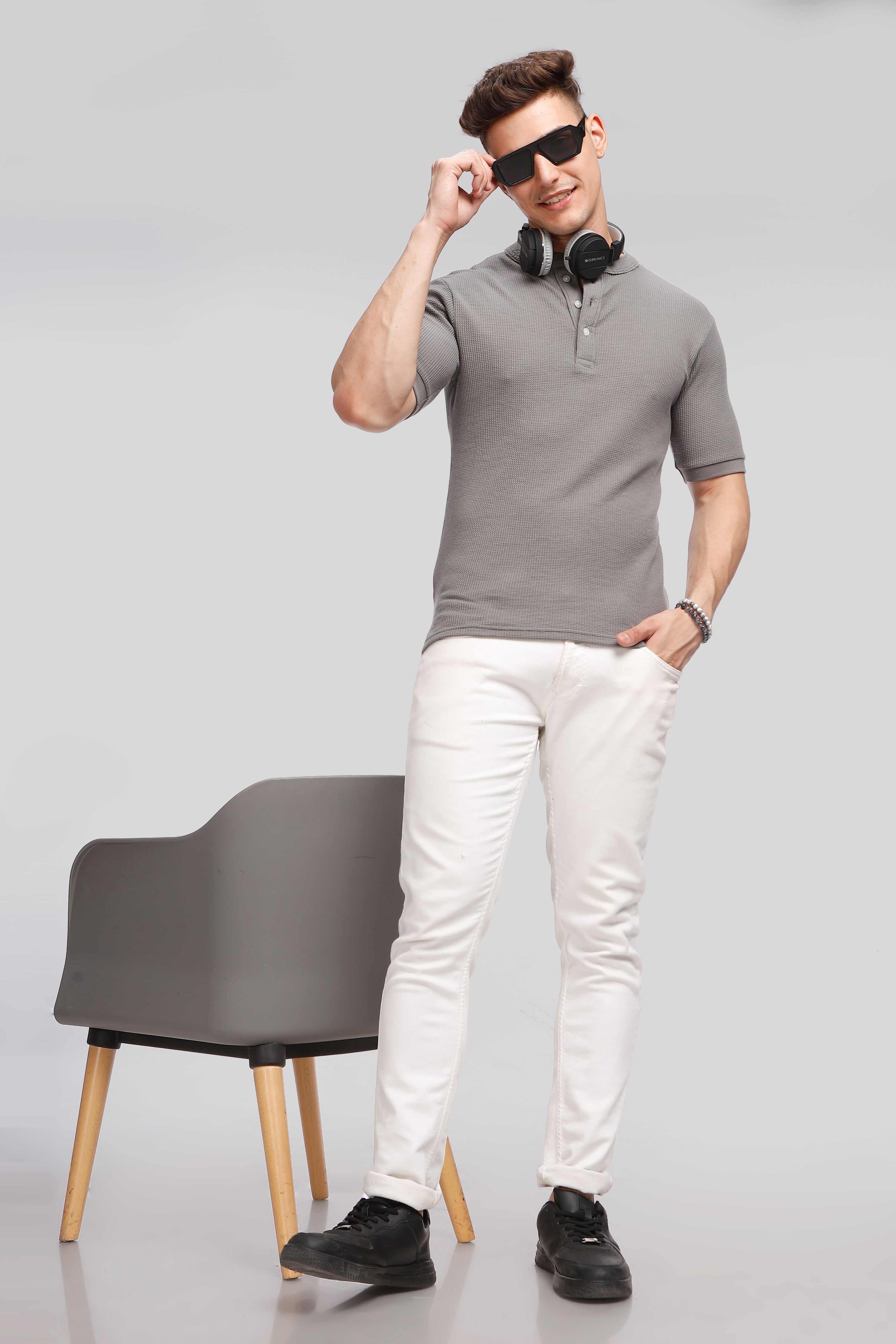 Dark Grey Waffle Knit Henley T-Shirt
