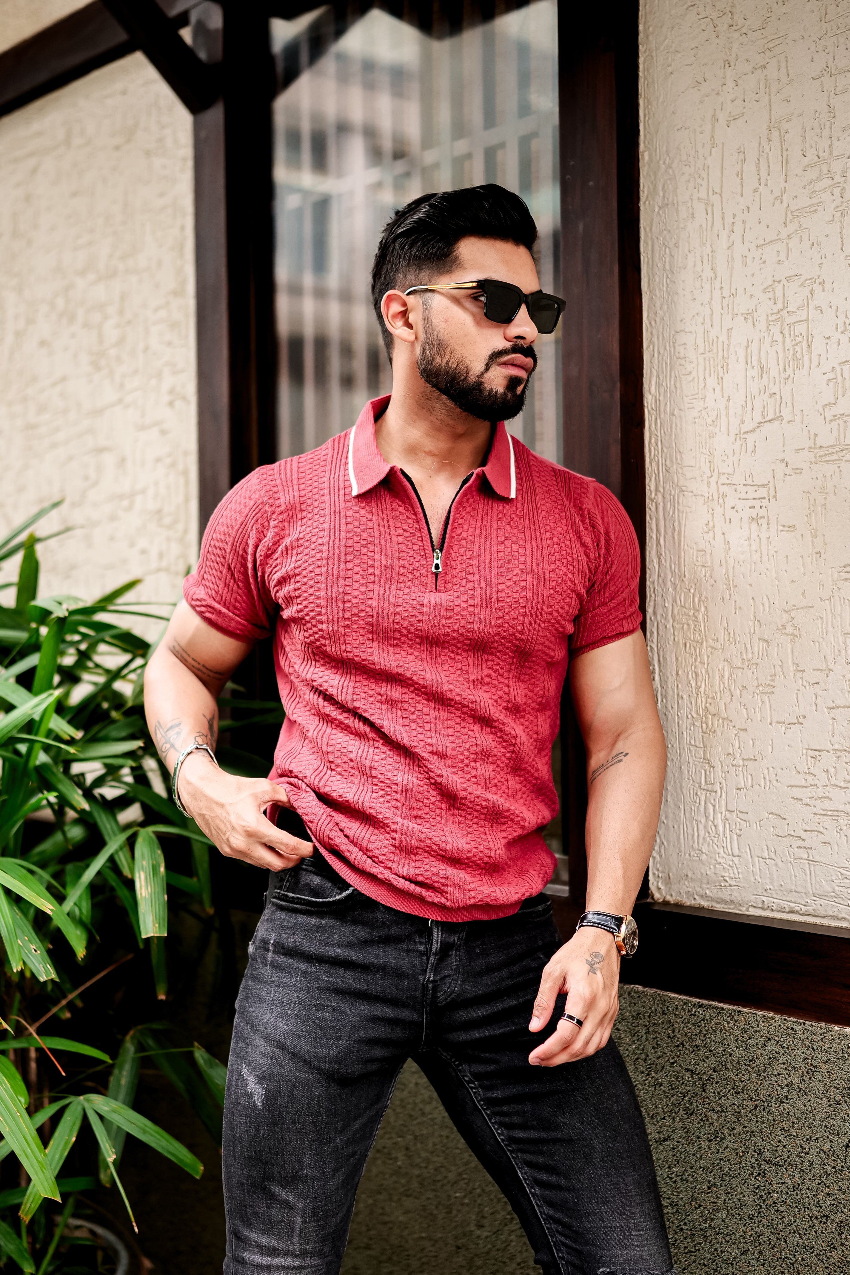PEACH FLAT KNIT ZIPPER POLO T-SHIRT