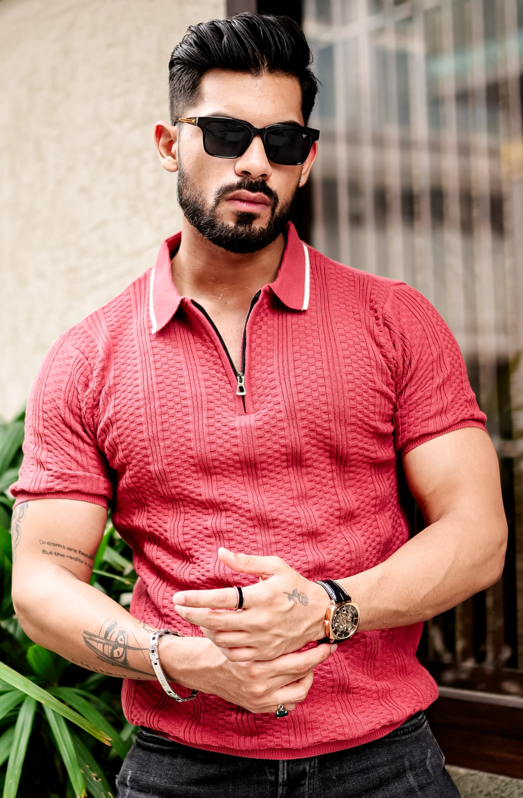 PEACH FLAT KNIT ZIPPER POLO T-SHIRT