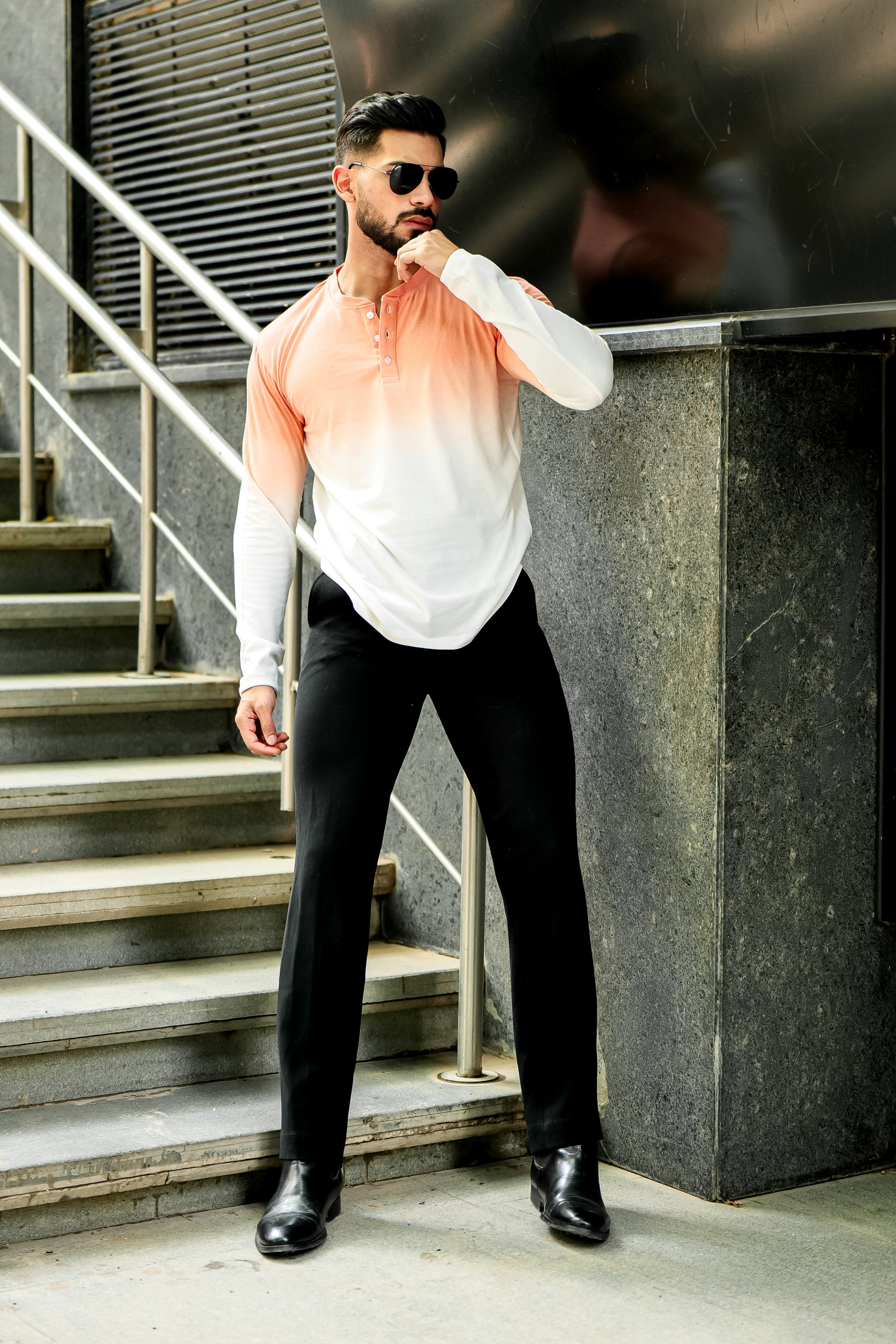 Coral Ombre Dyed Henley T-Shirt