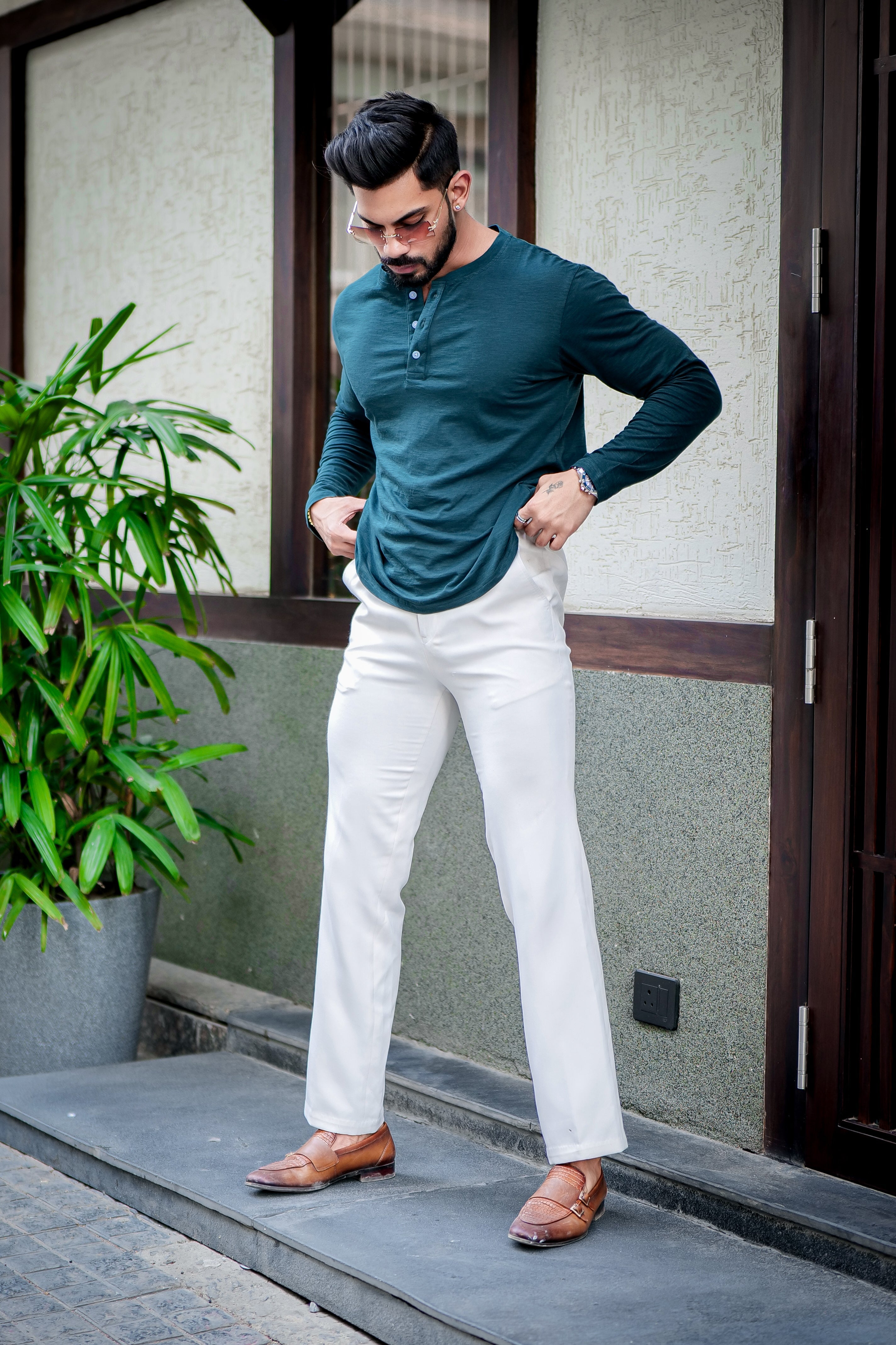 Green Self Design Slub Henley T-Shirt