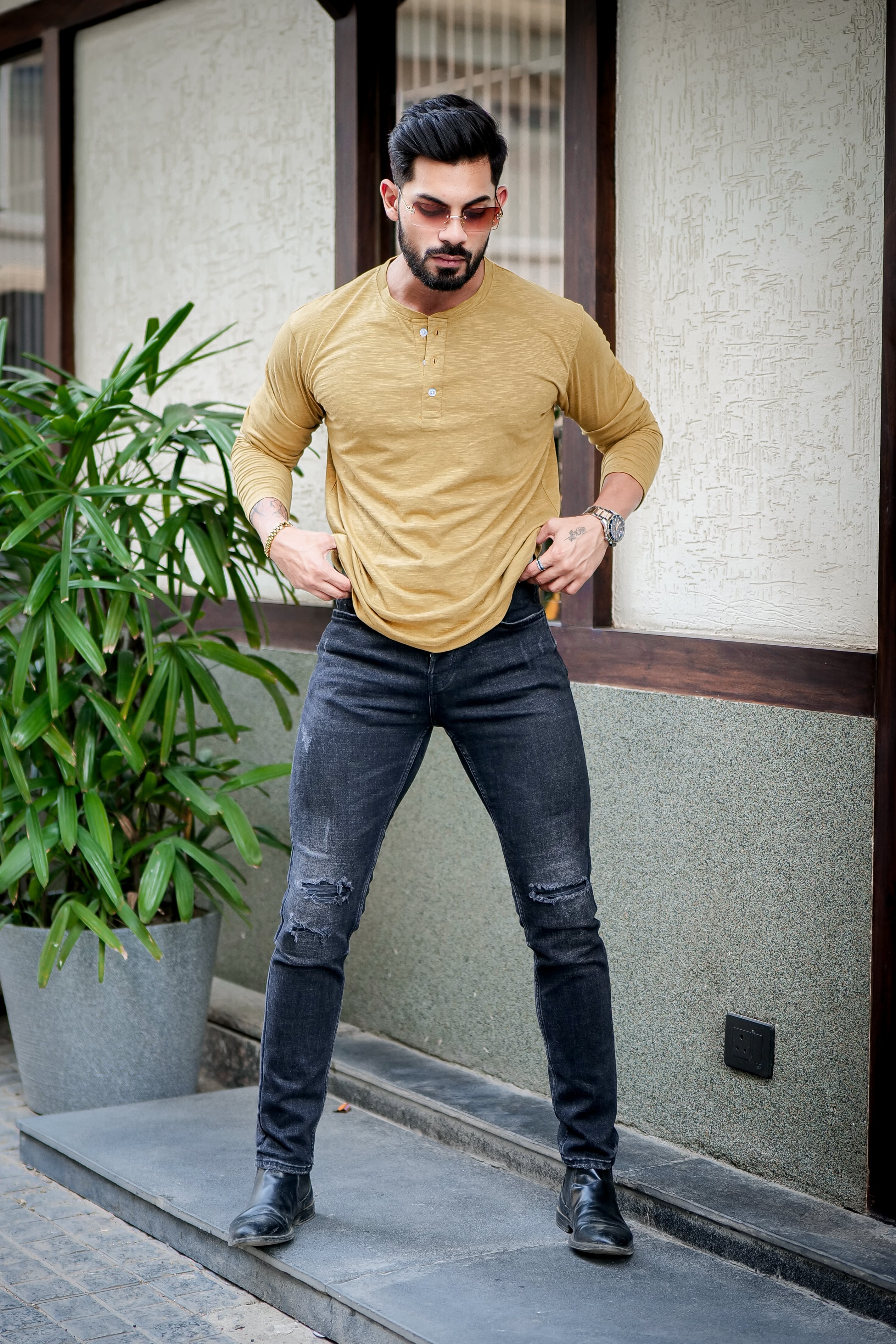 Mustard Self Design Slub Henley T-Shirt