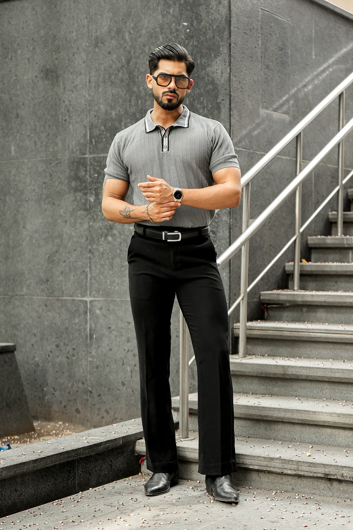 Grey Premium Flat knit Polo T-shirt