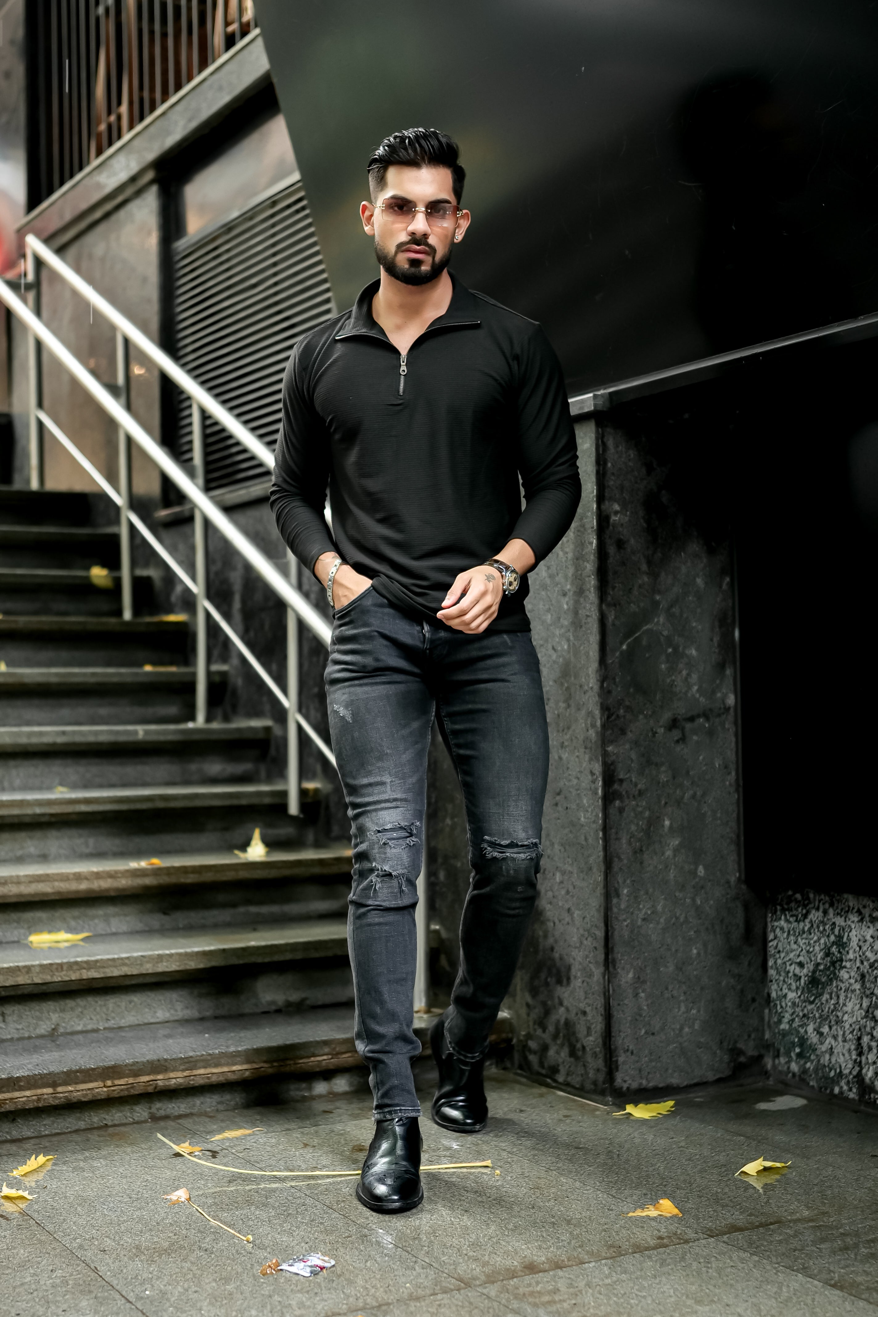 Black Self Design Zipper T-Shirt
