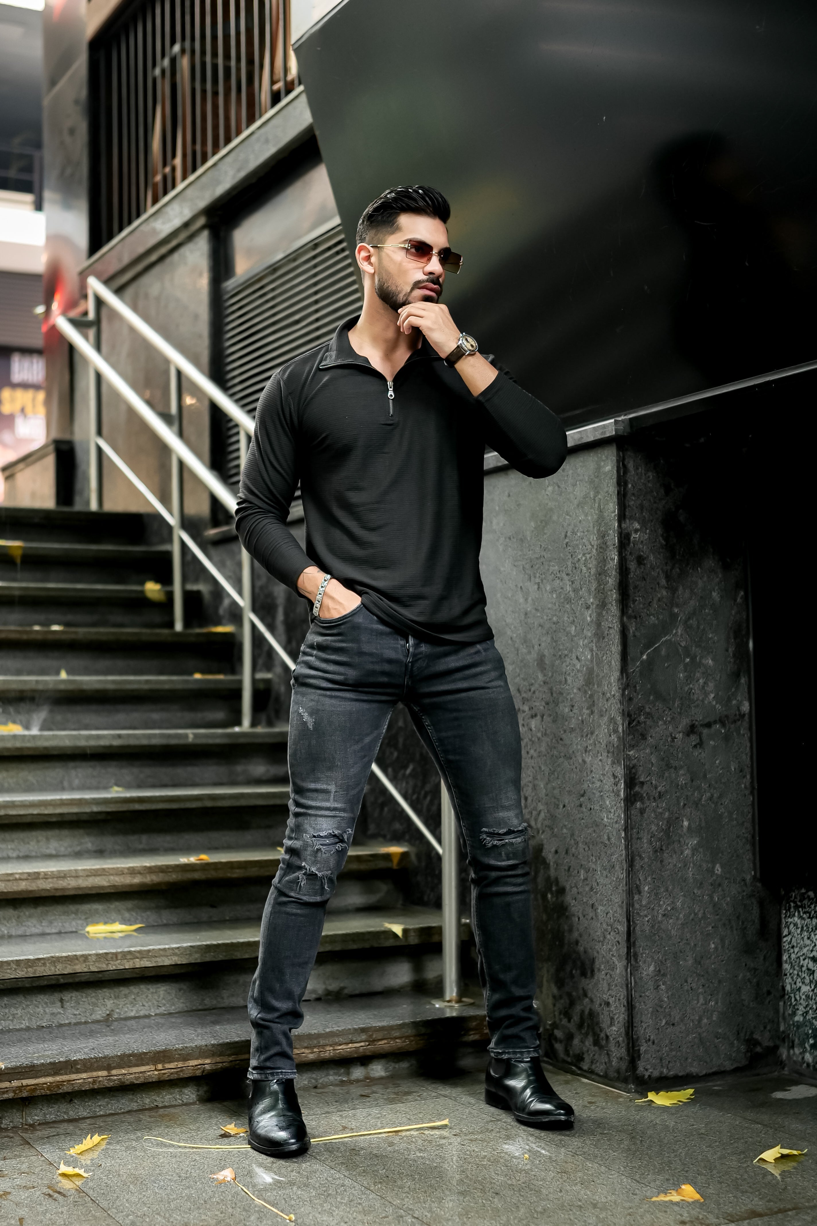 Black Self Design Zipper T-Shirt