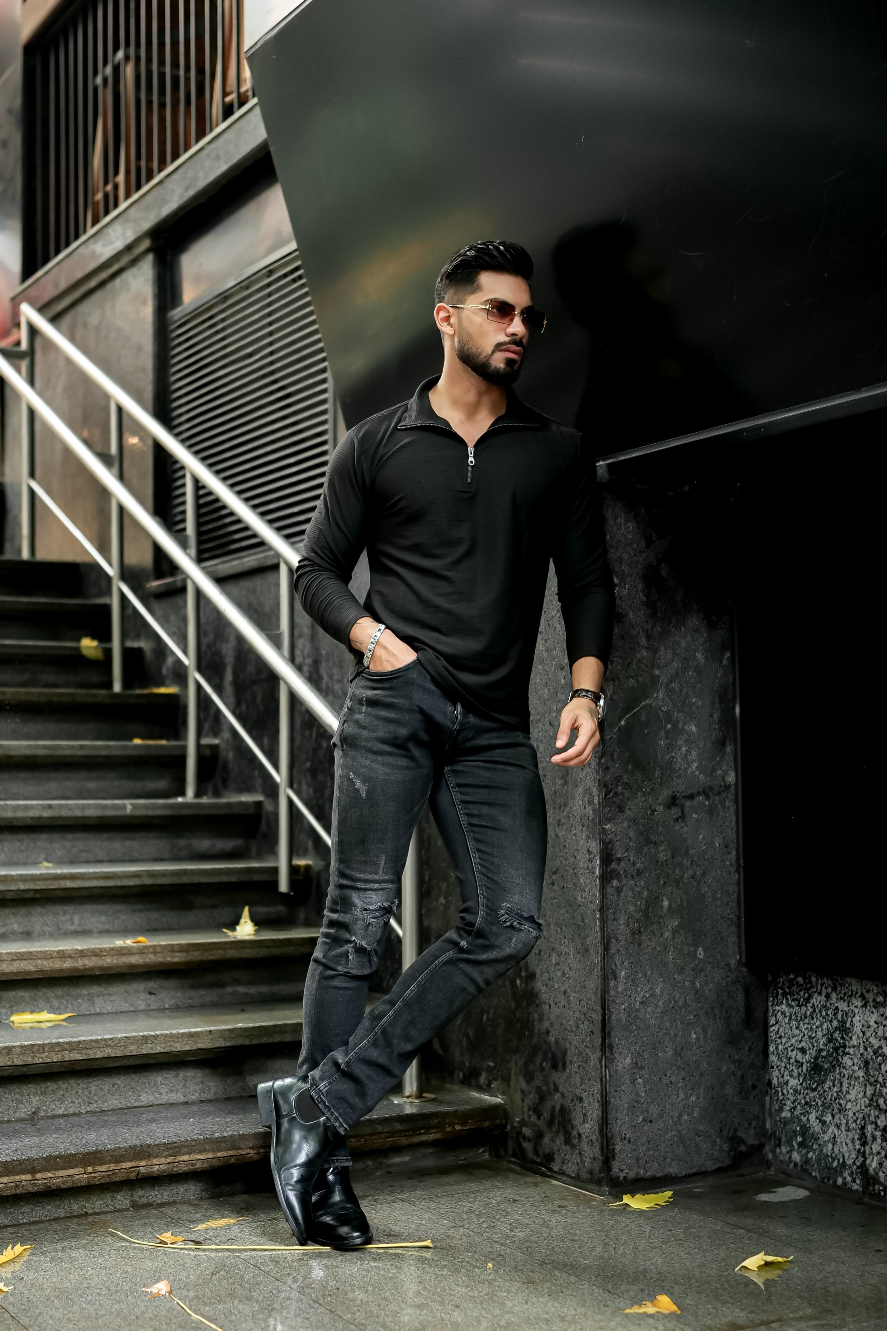 Black Self Design Zipper T-Shirt