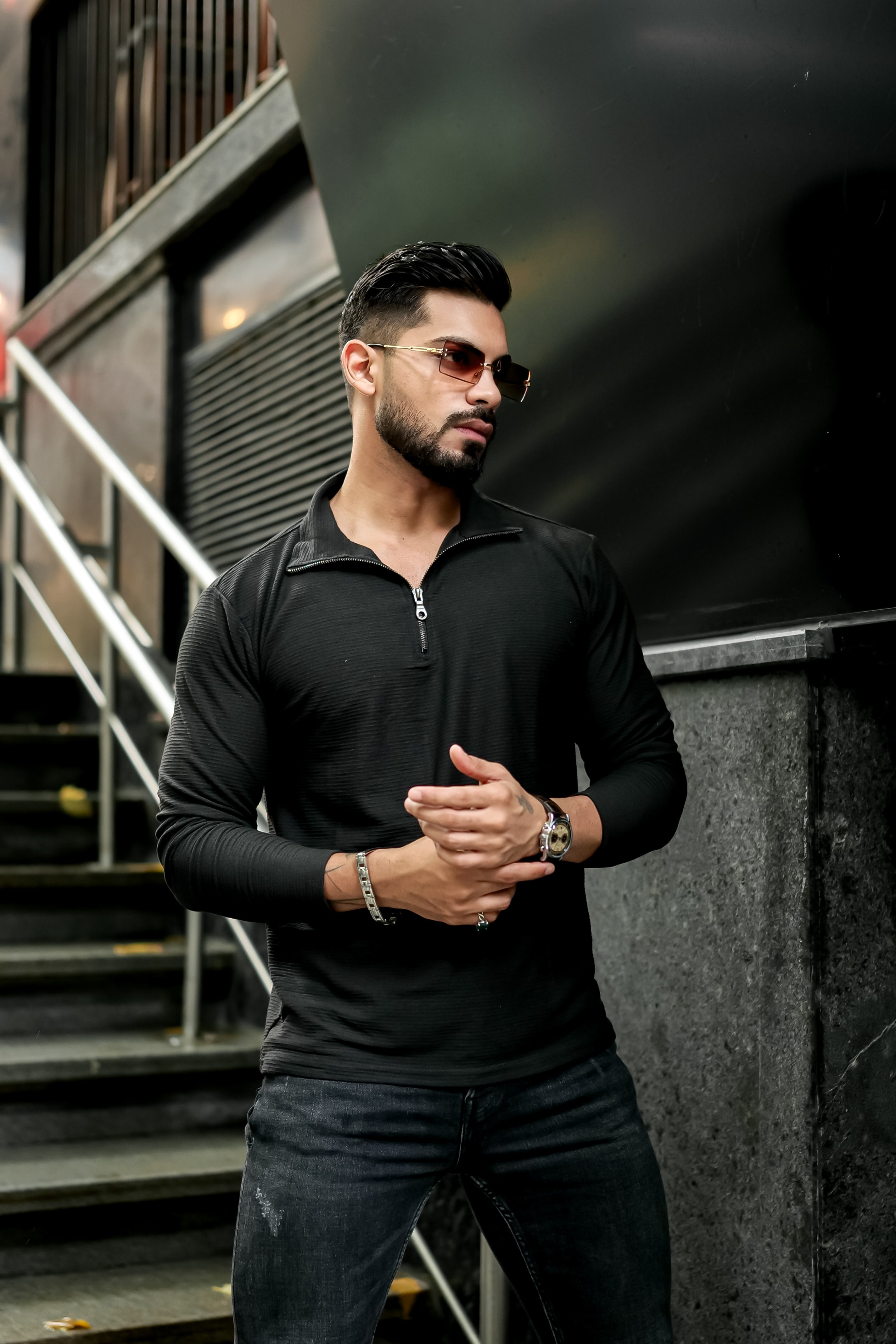 Black Self Design Zipper T-Shirt