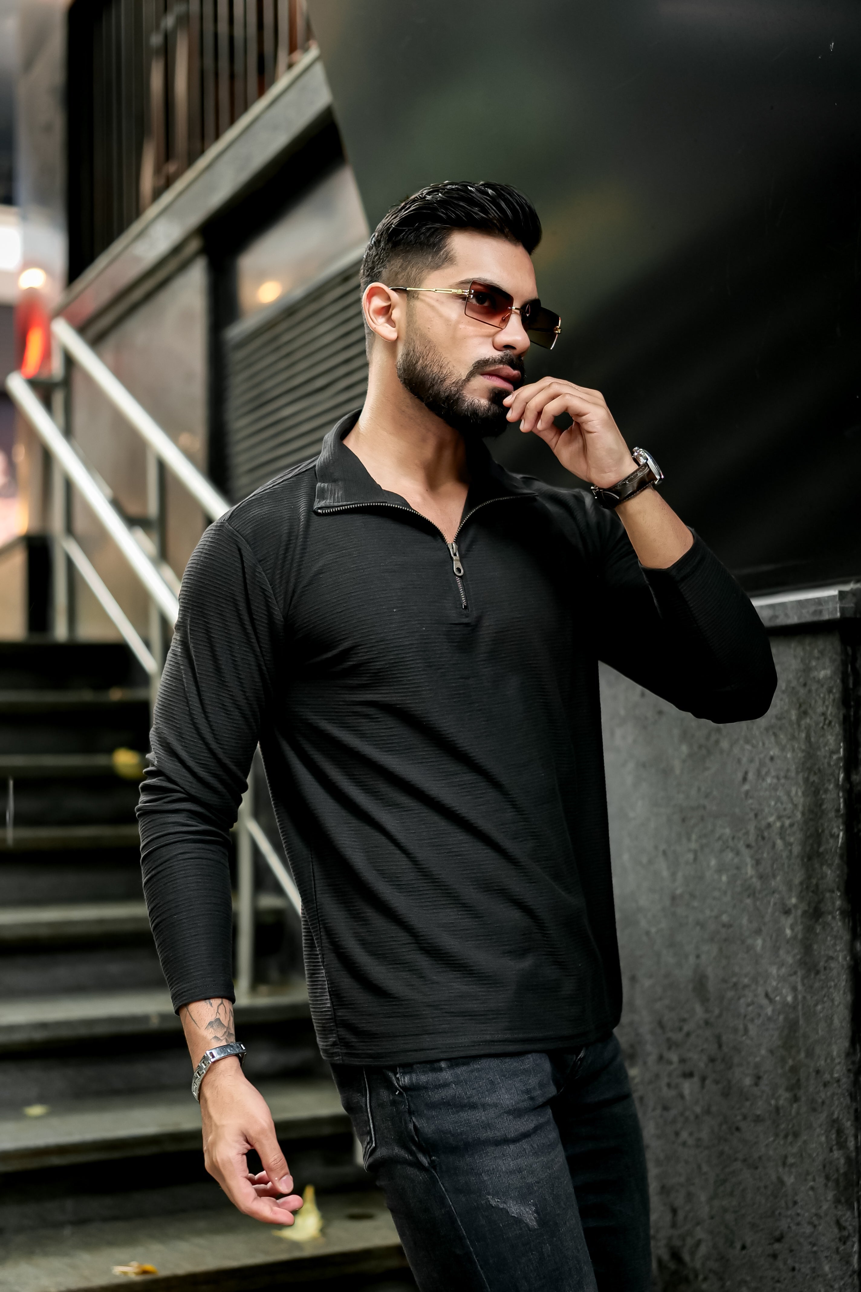 Black Self Design Zipper T-Shirt