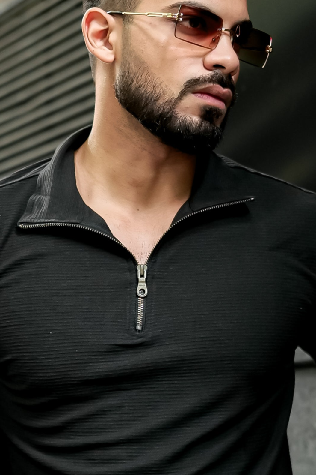 Black Self Design Zipper T-Shirt