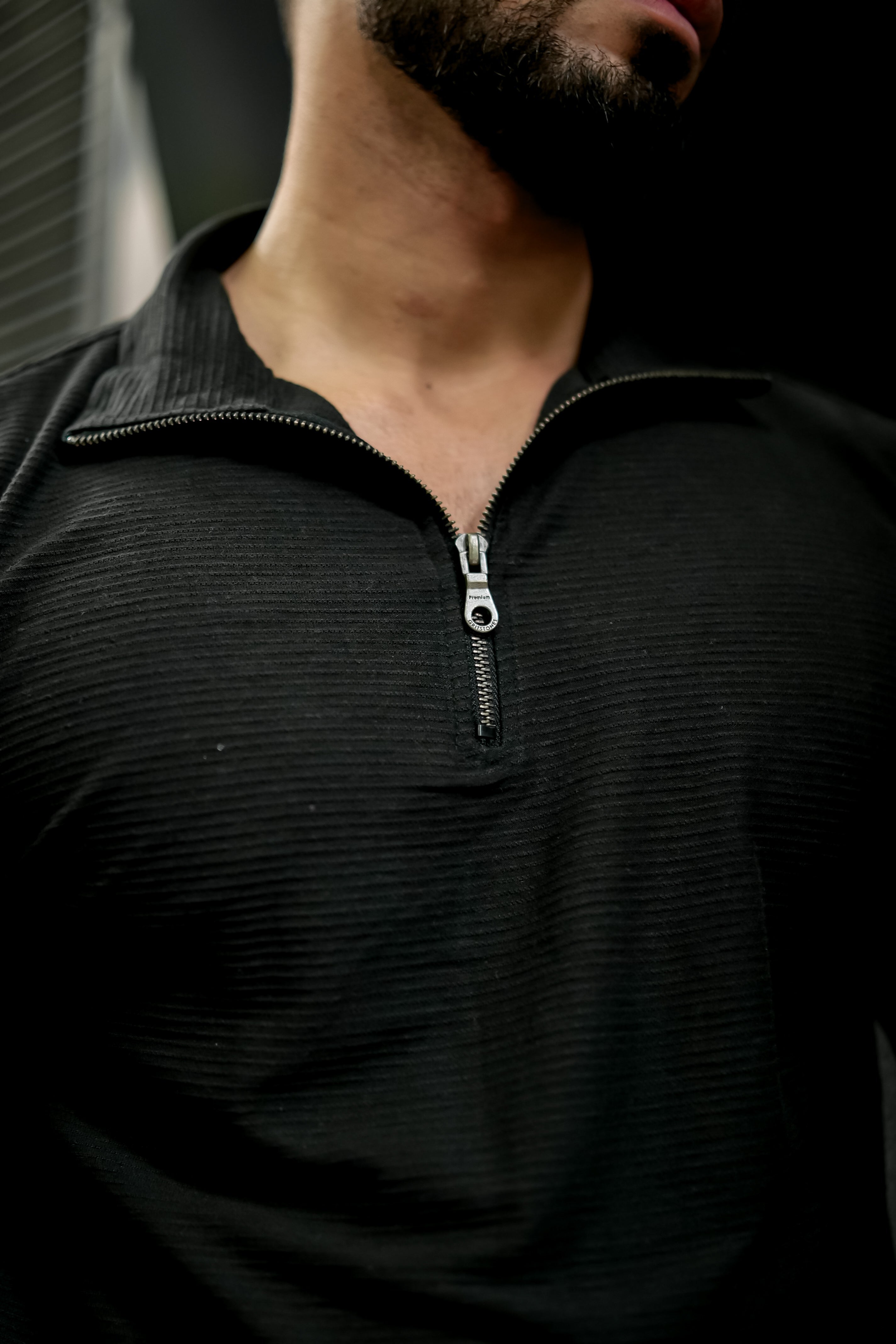 Black Self Design Zipper T-Shirt