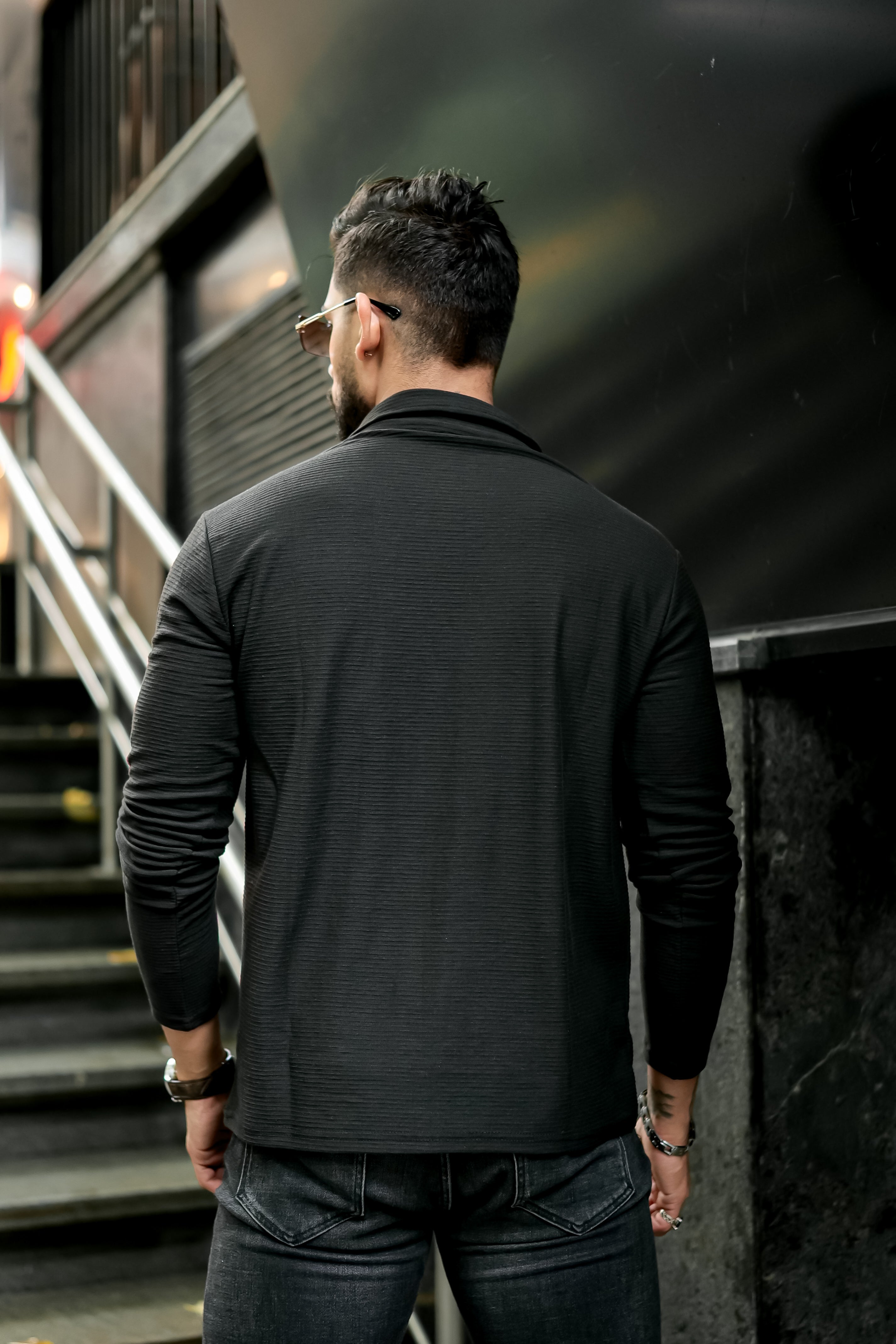 Black Self Design Zipper T-Shirt