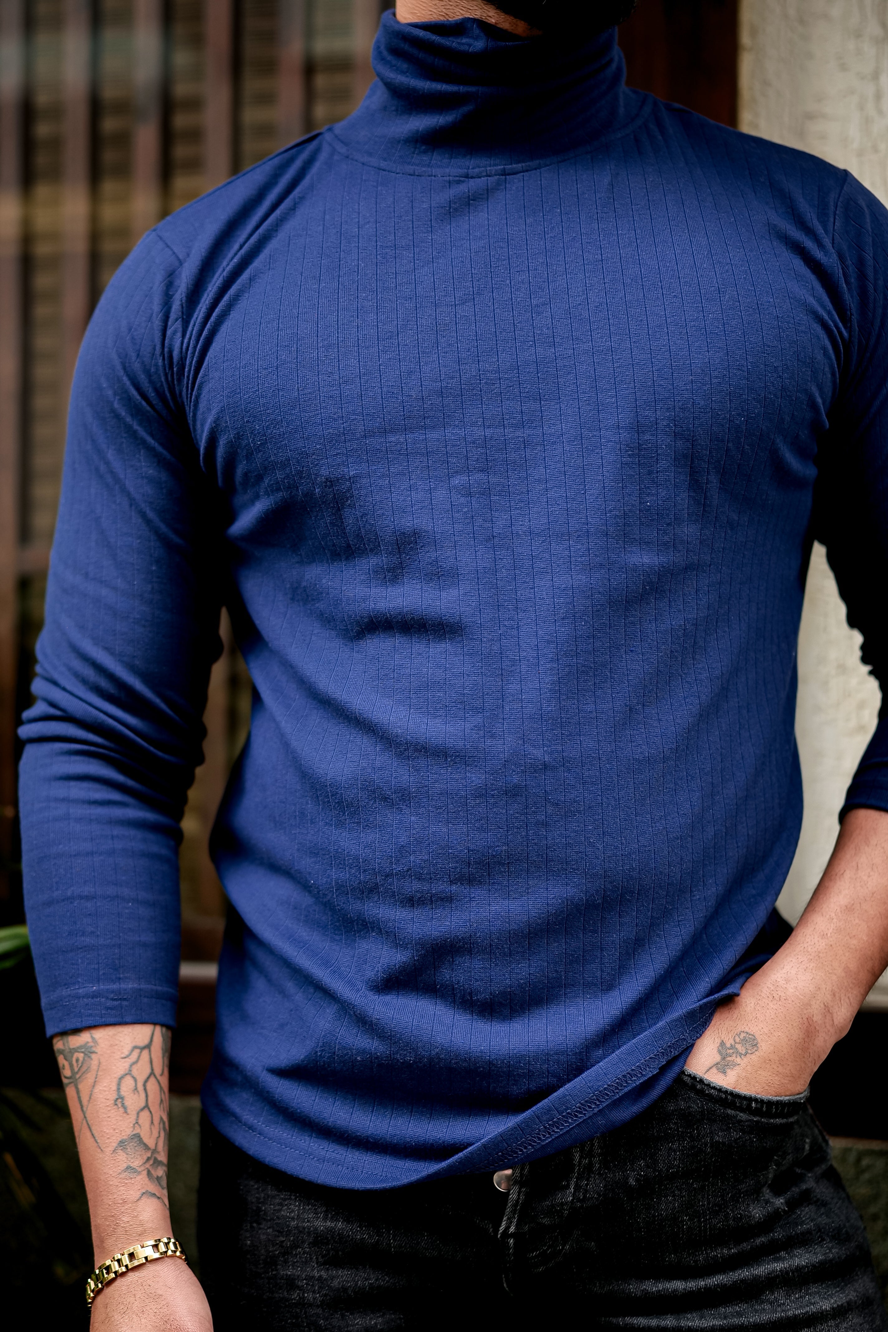 Navy Blue Self Design High Neck T-Shirt