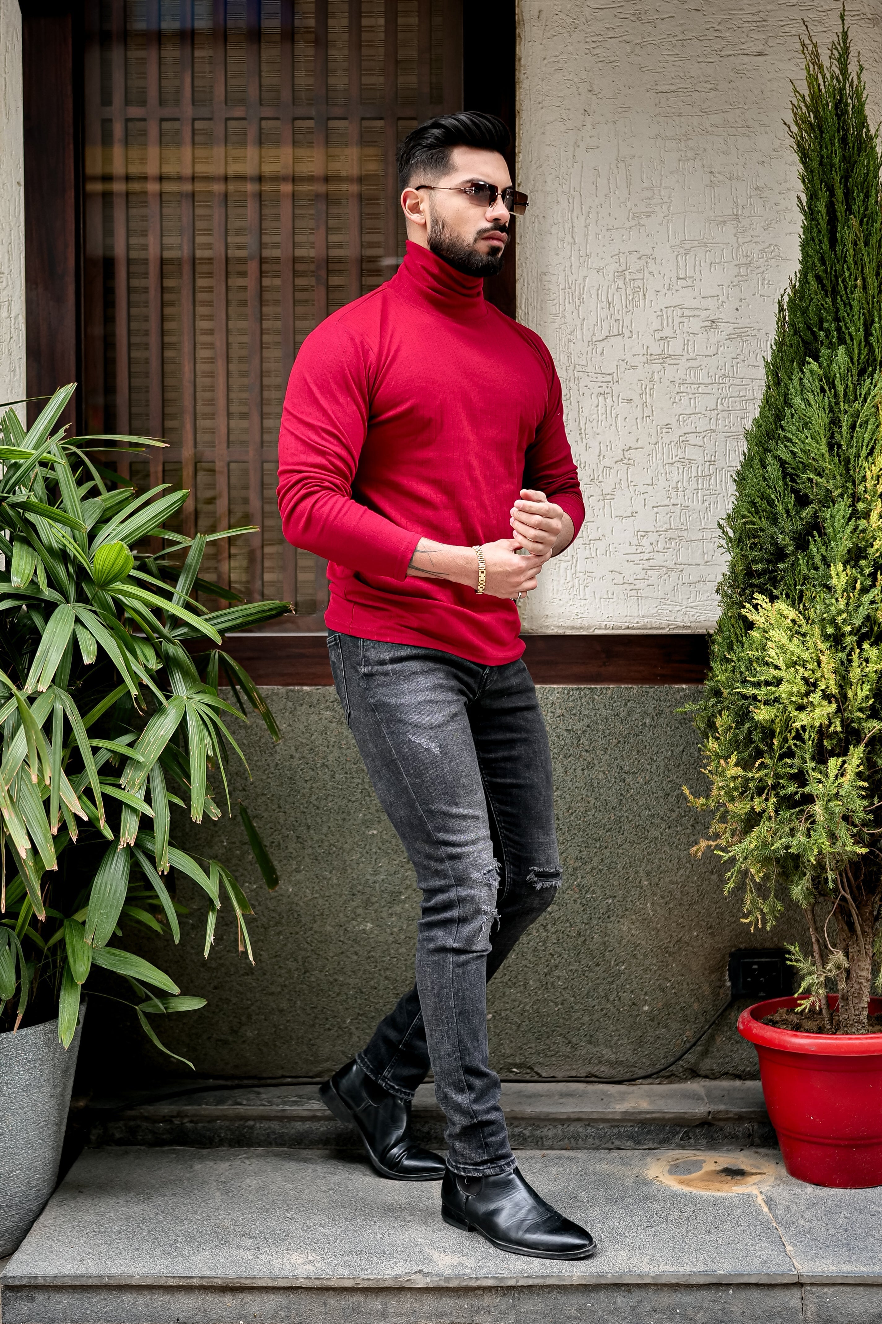 Maroon Self Design High Neck T-Shirt