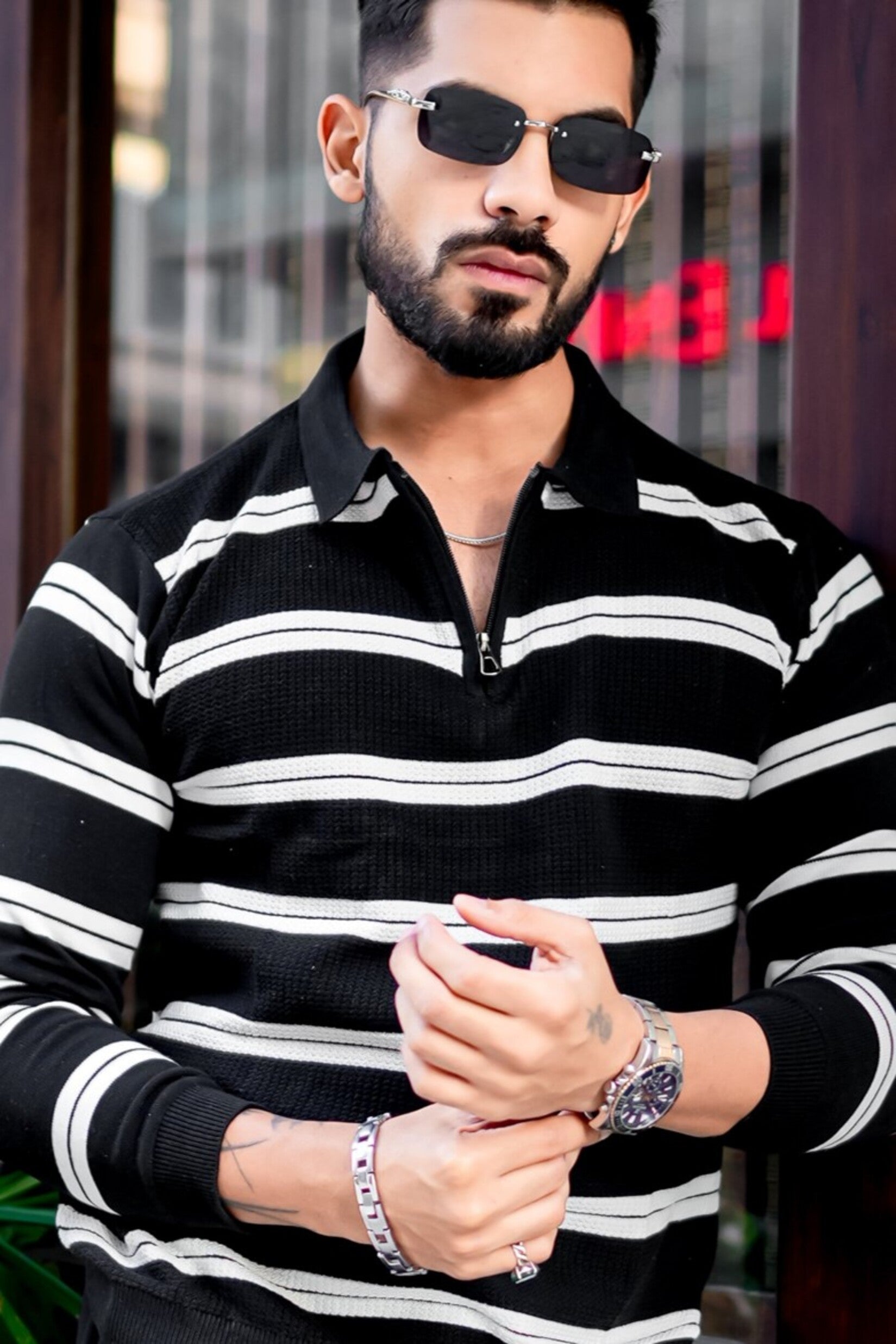 Black Zipper Flat Knit Polo T-shirt