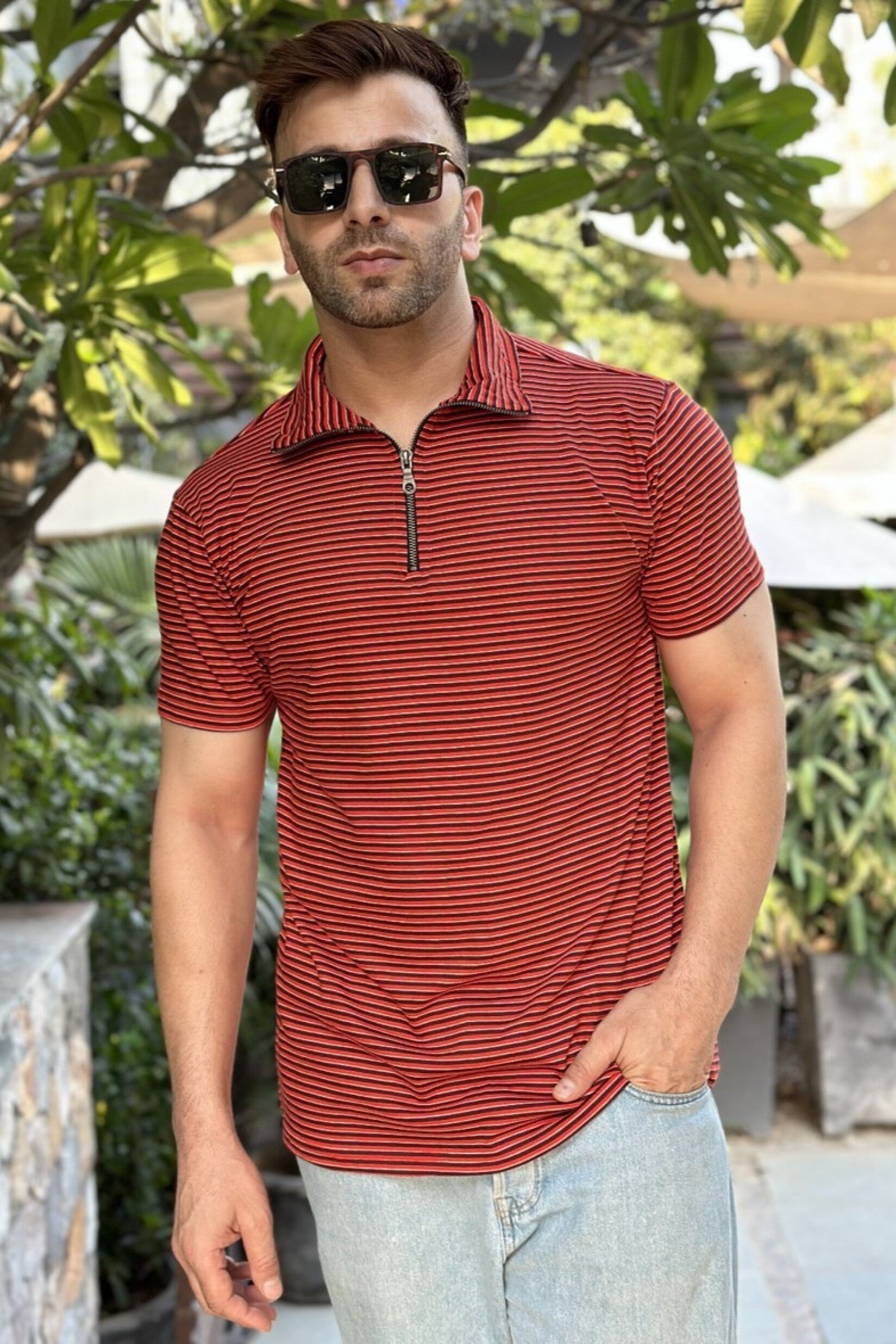 Red Horizontal Stripe Zipper T-Shirt