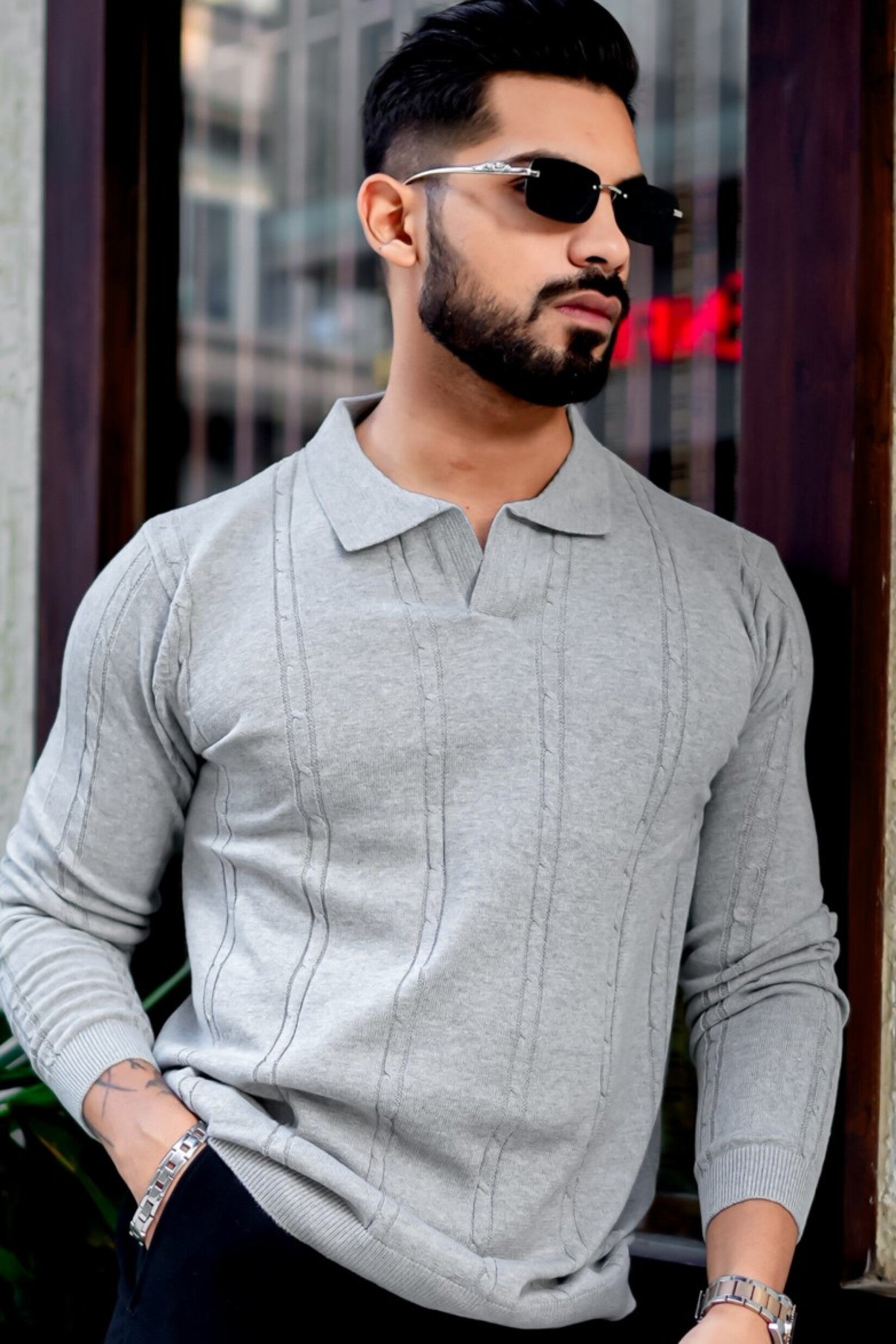 Grey Melange Textured Pullover