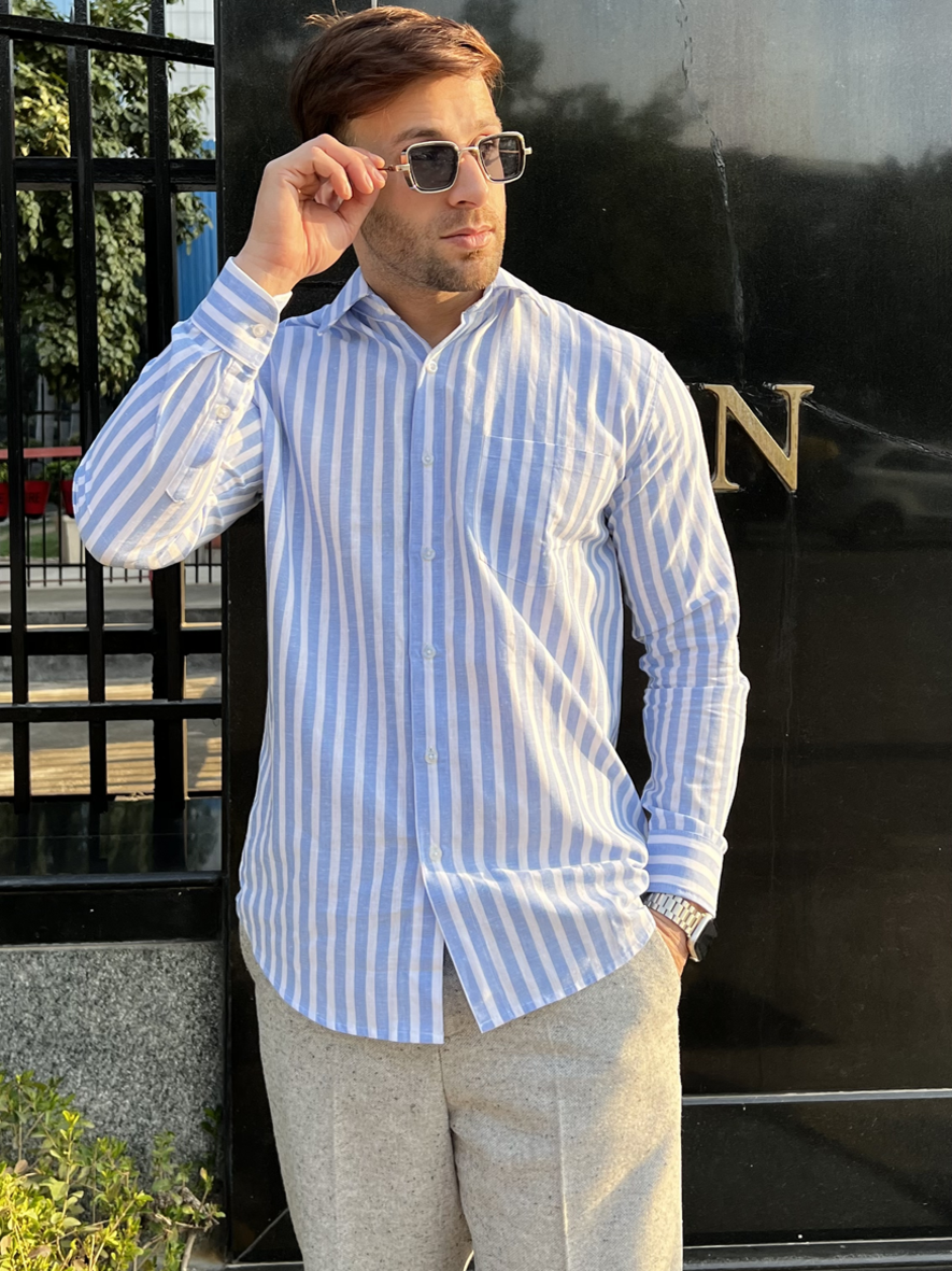 Blue White Striped Linen Shirt