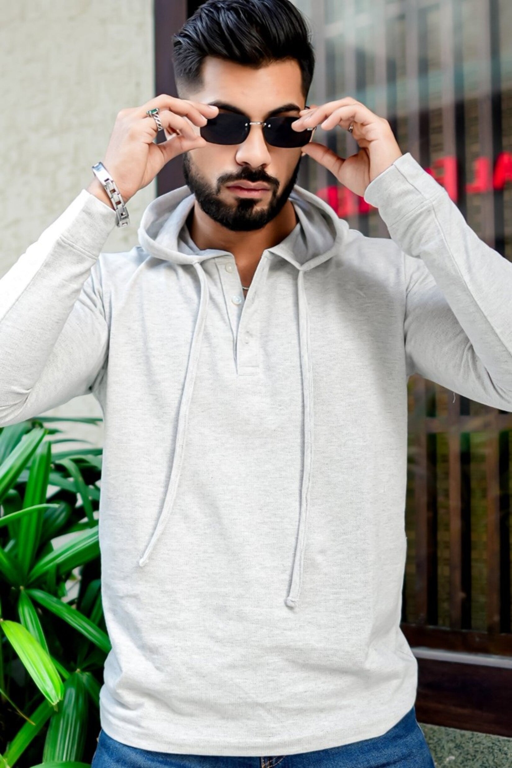 Grey Melange Placket Hooded T-Shirt