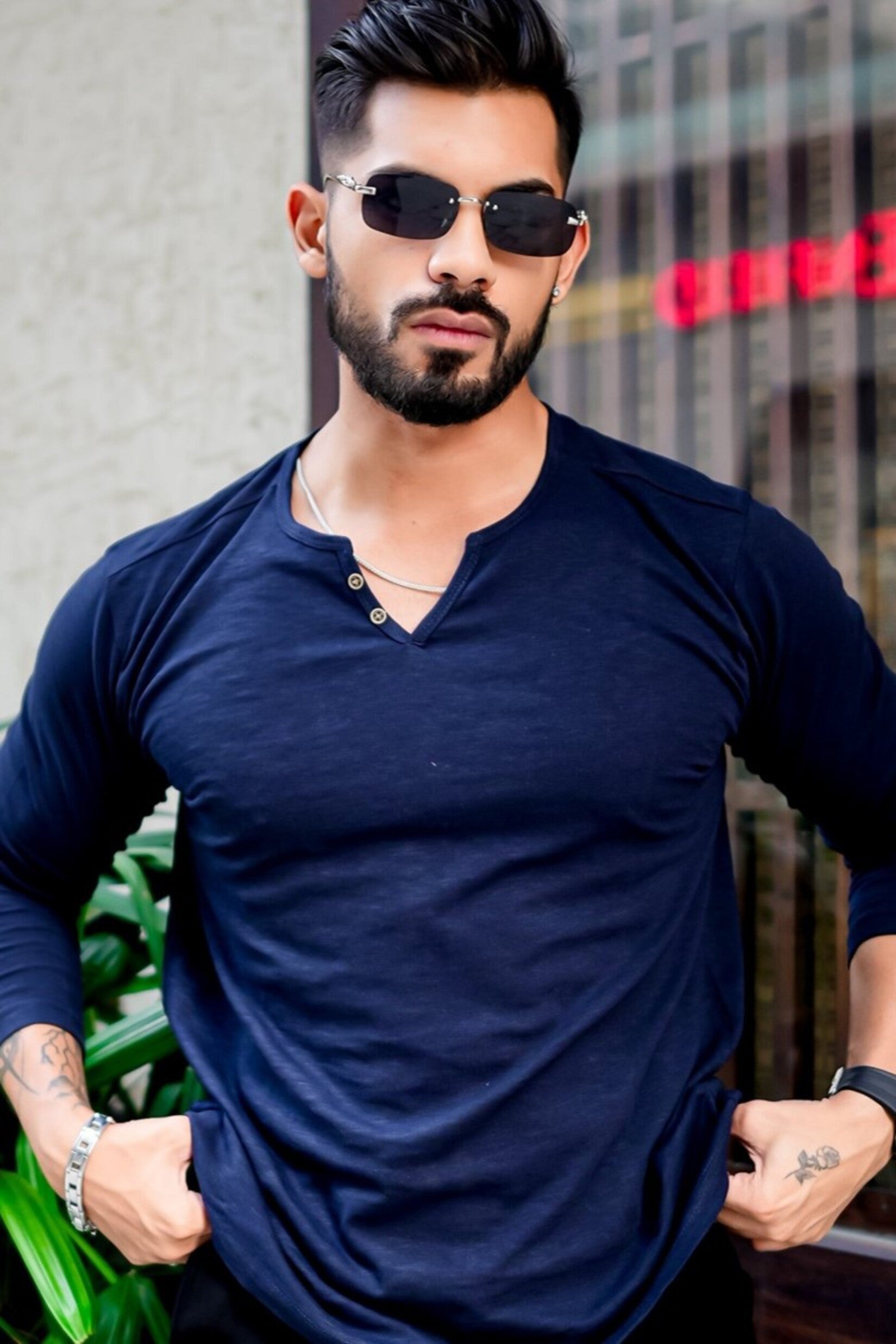 Dark Navy Open Slub Henley T-Shirt