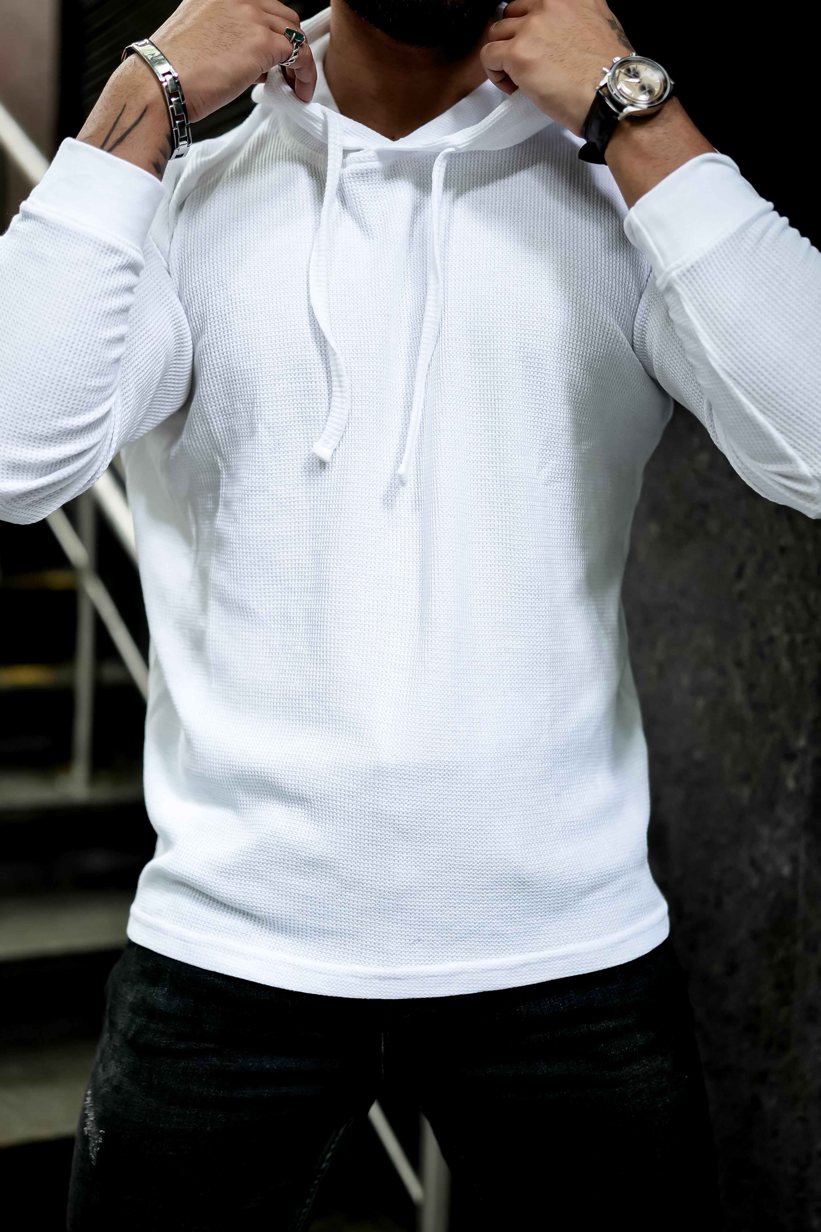 White Waffle Hooded T-Shirt