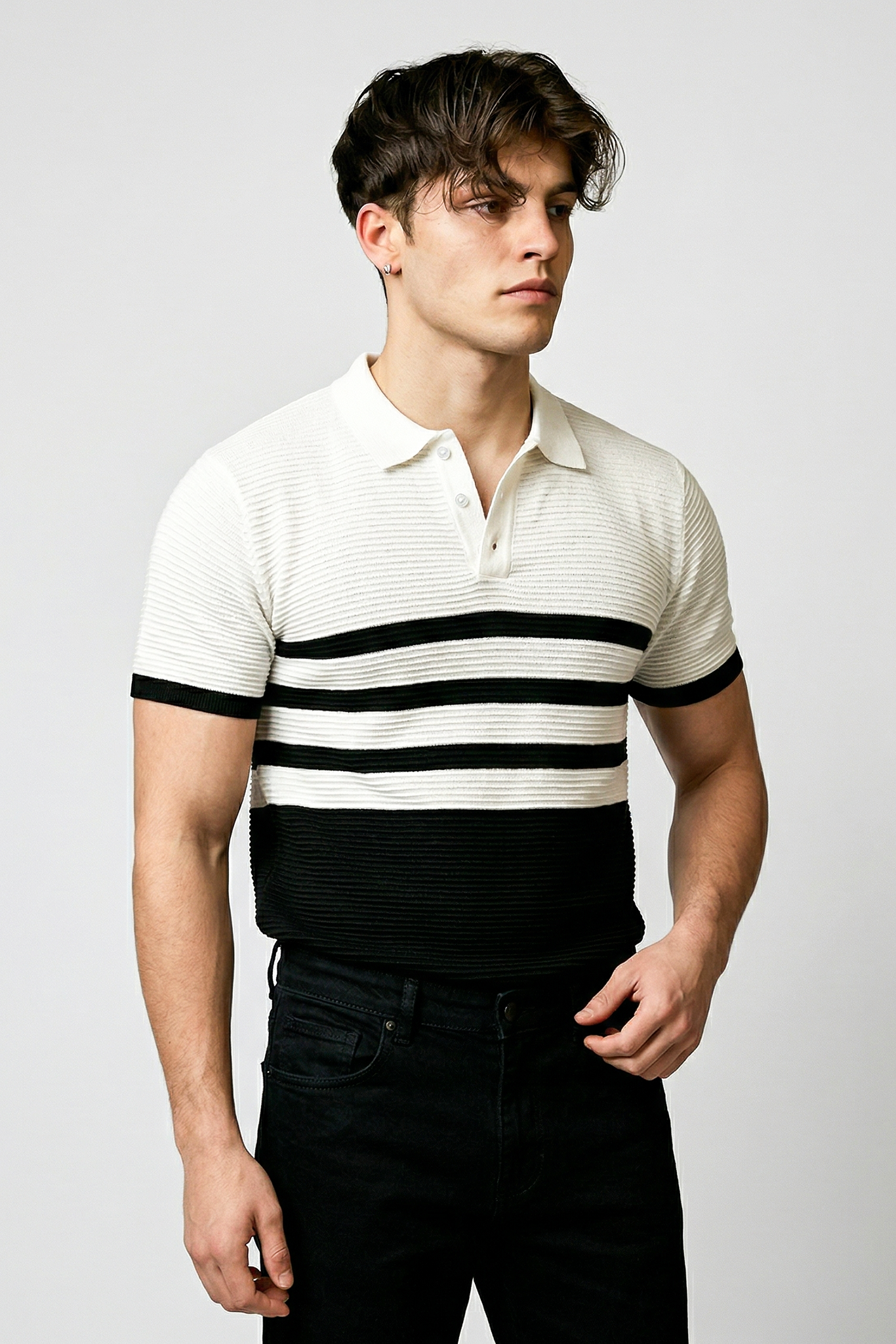 White Premium Flat Knit Stripe Polo T-Shirt