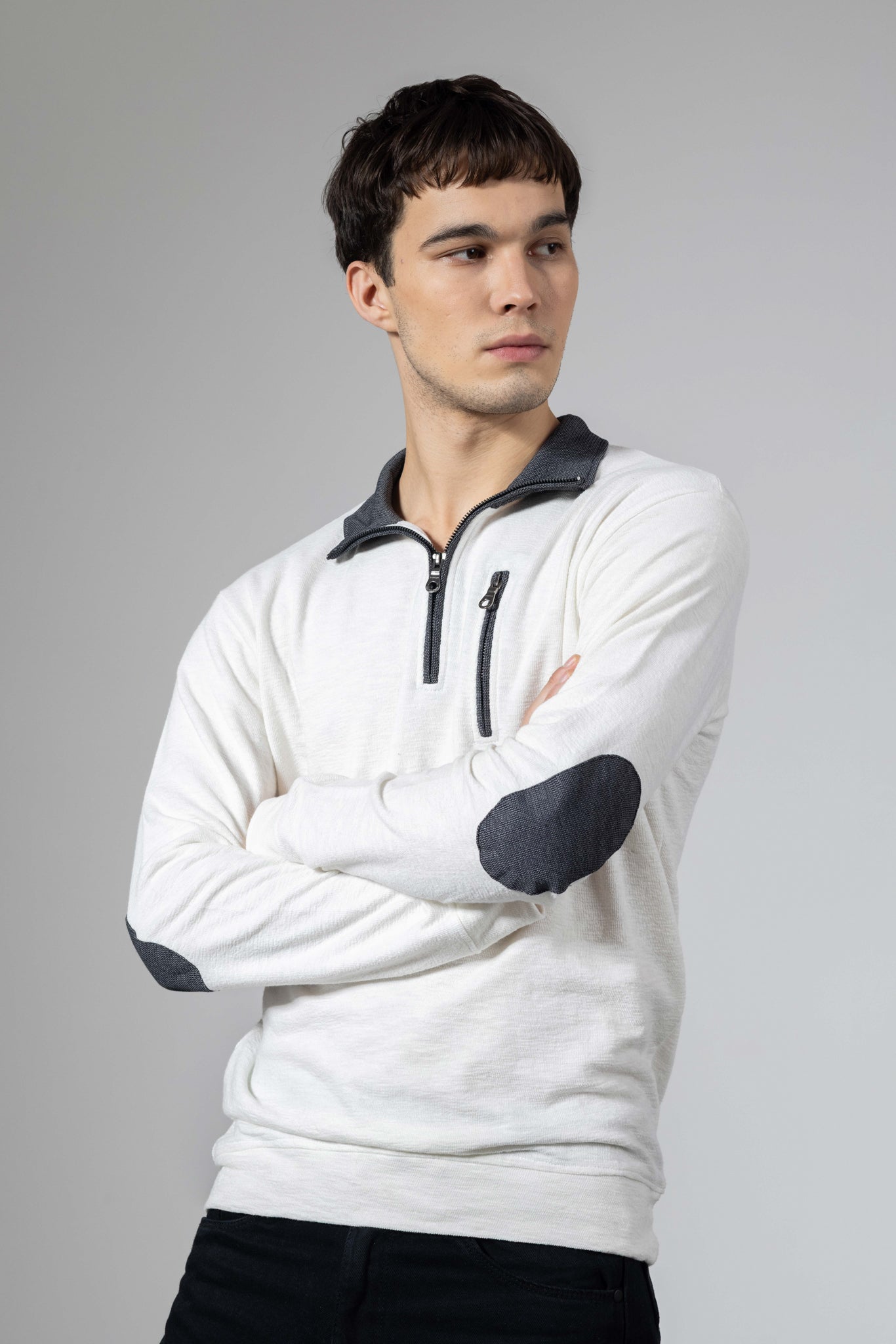 White Self Design Zipper Collar T-Shirt
