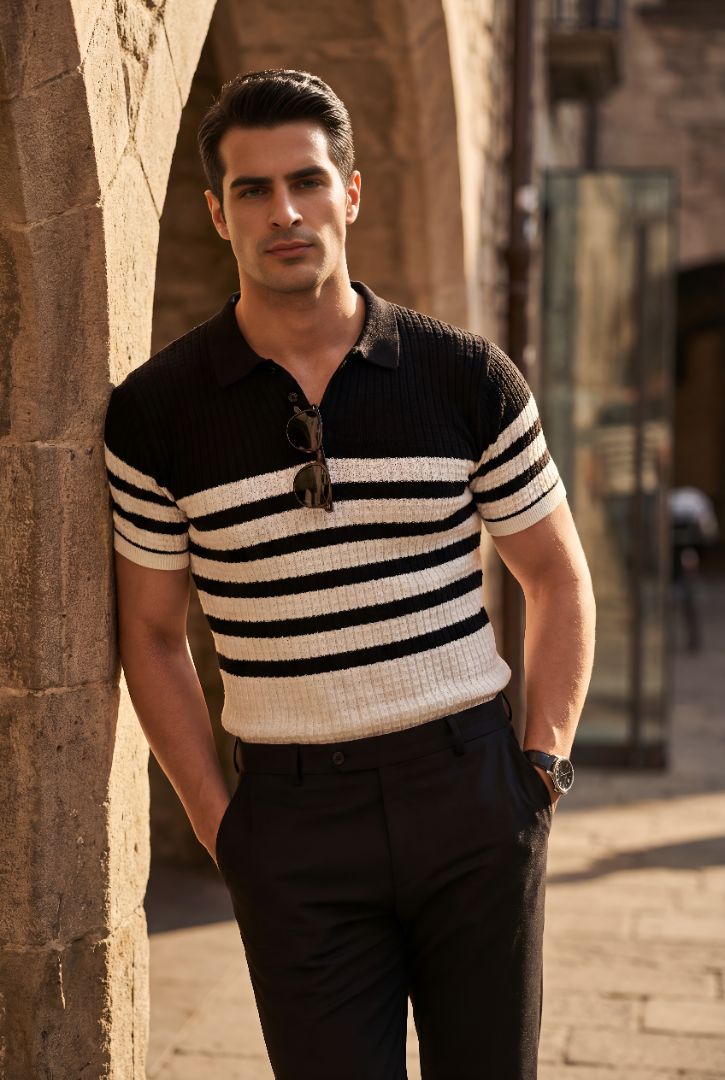 Striper Embedded Flat Knit Premium Polo T-Shirt