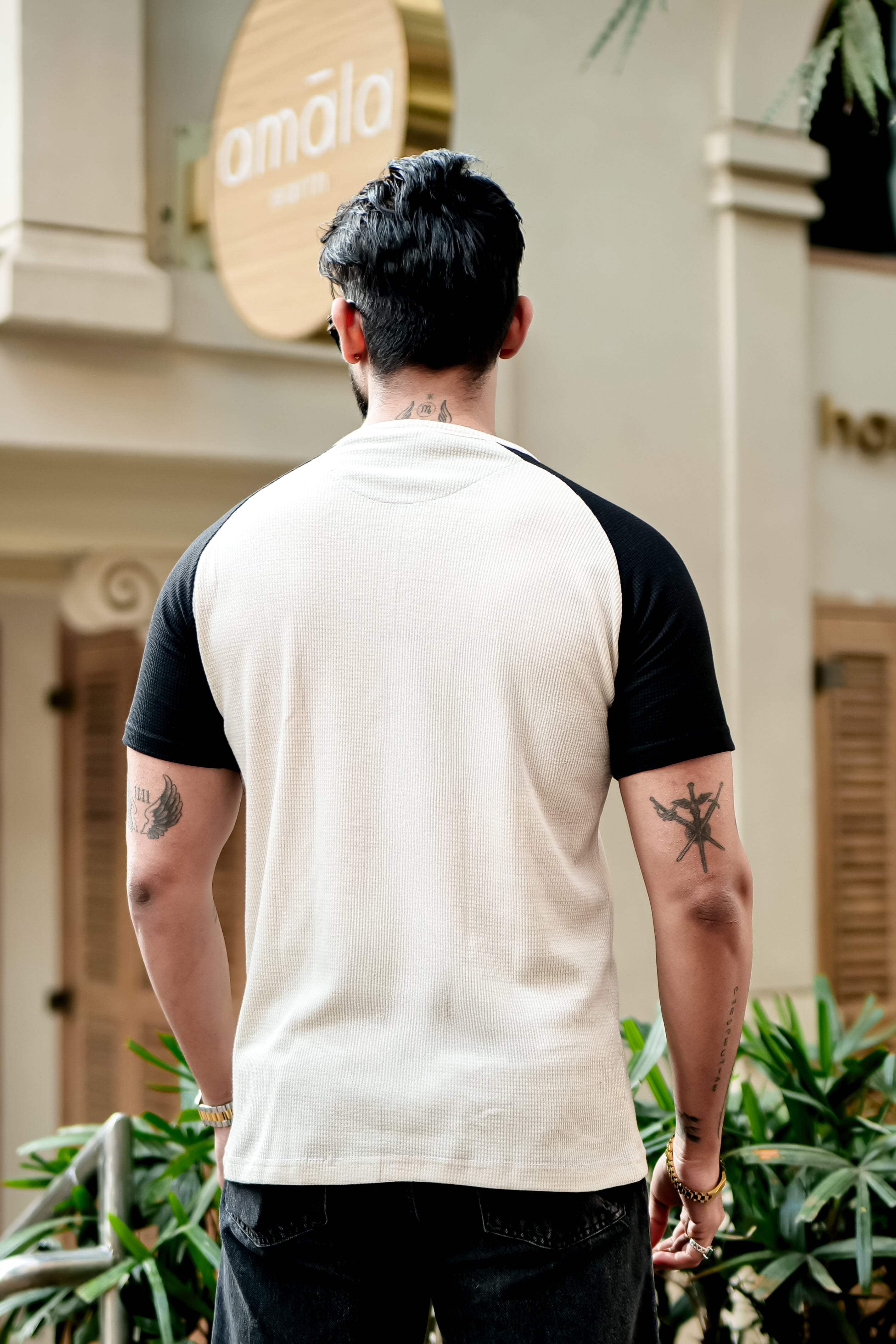 Cream Color Blocked Cotton Henley T-Shirt