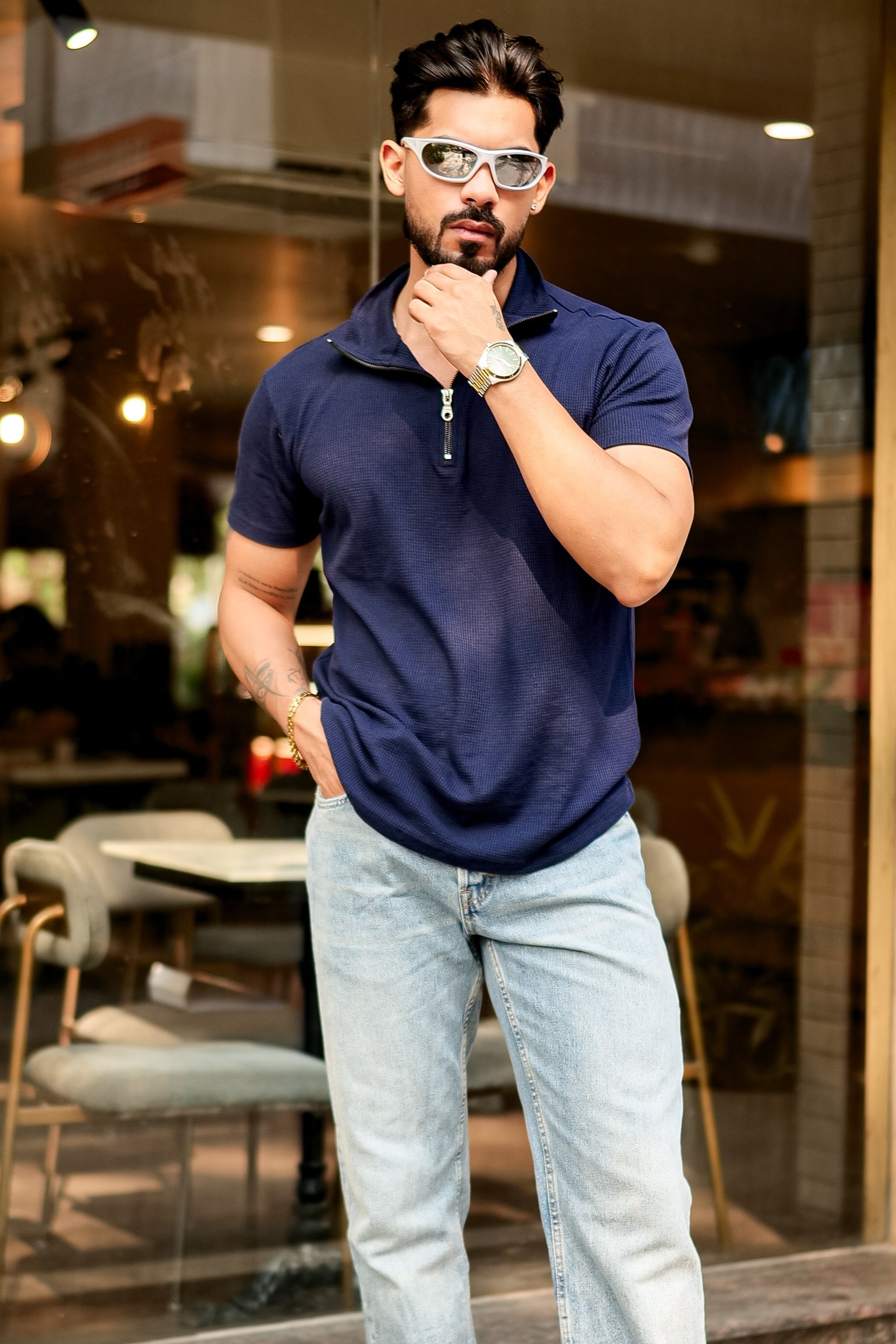 Navy Waffle Zipper T-Shirt