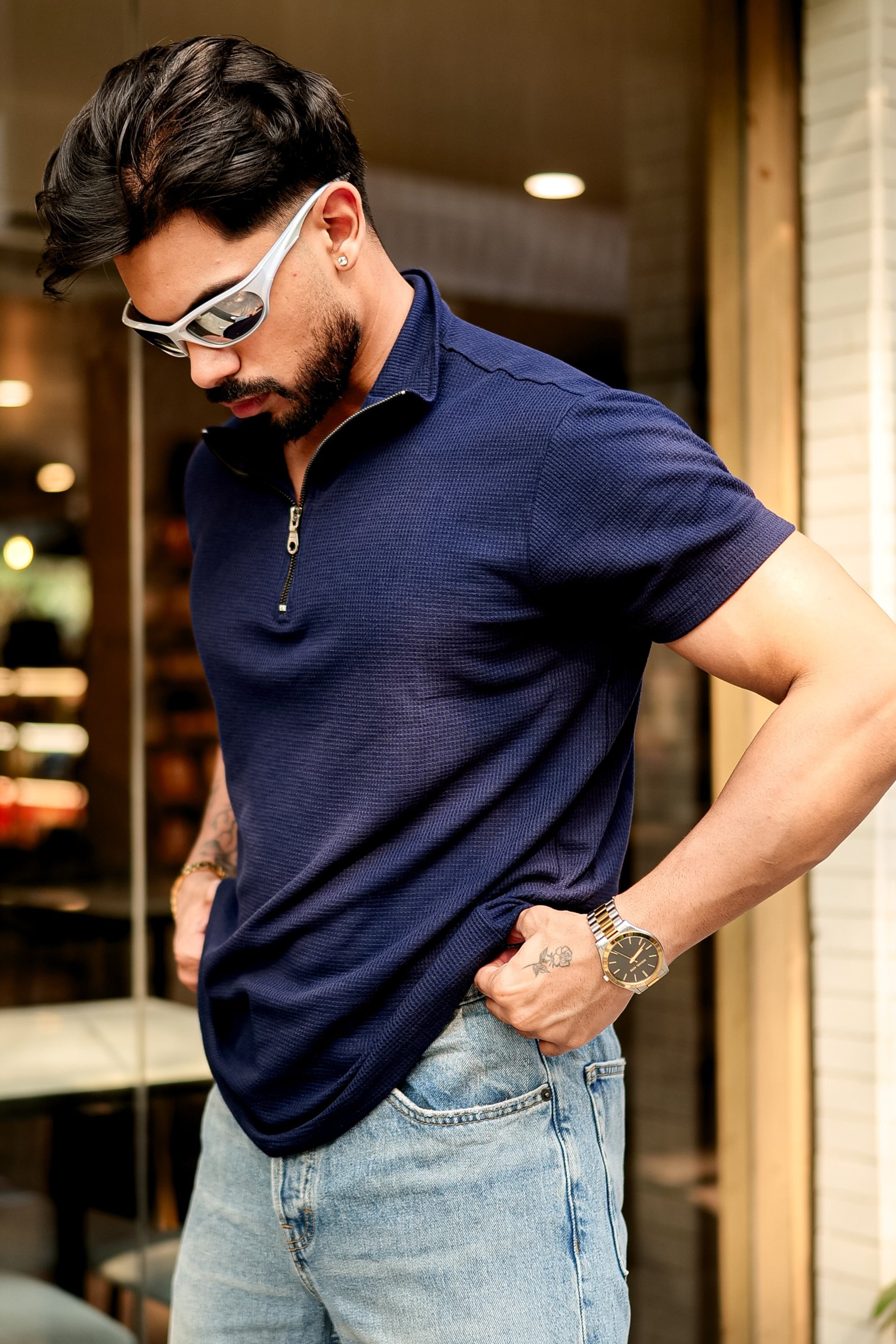 Navy Waffle Zipper T-Shirt