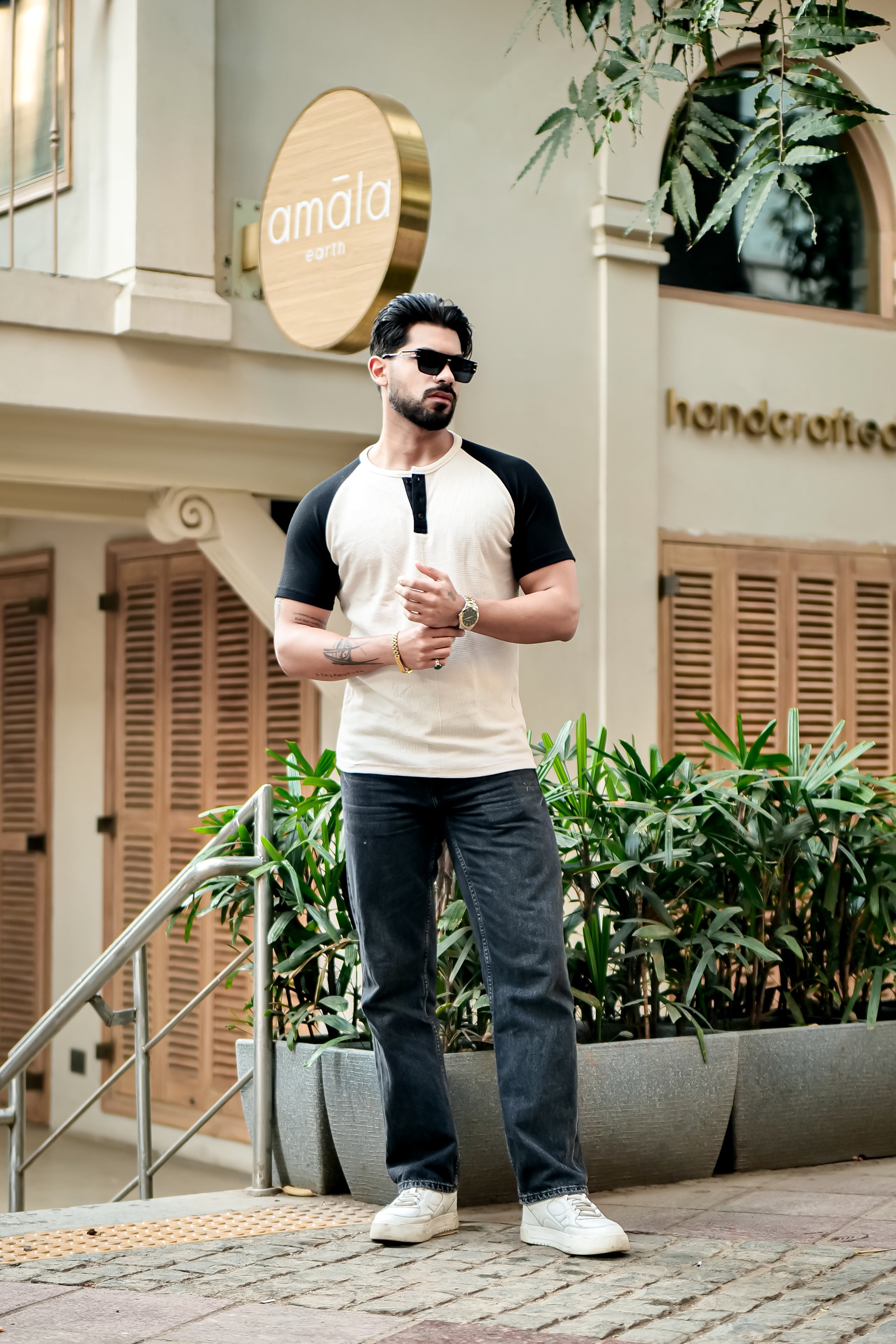 Cream Color Blocked Cotton Henley T-Shirt