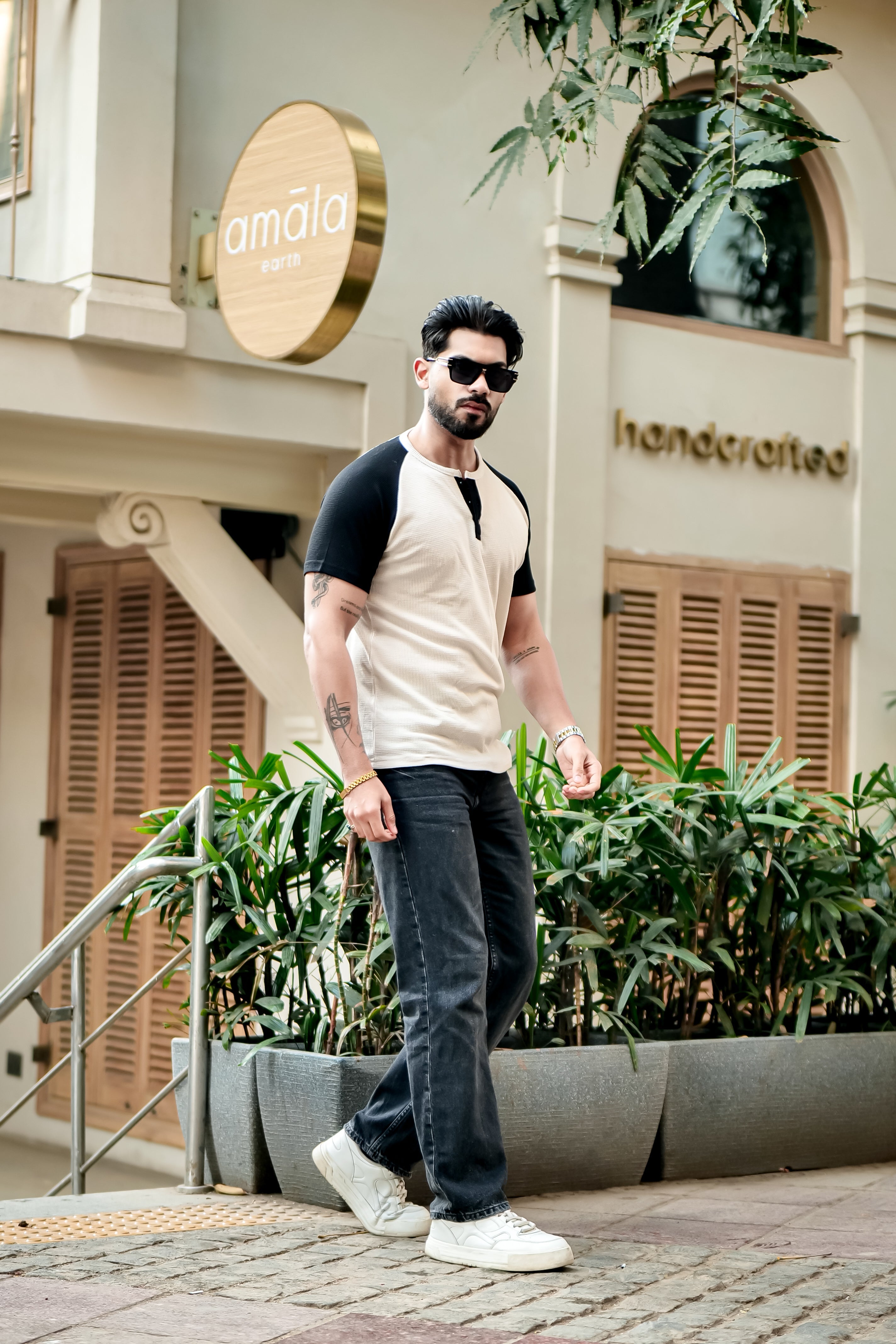 Cream Color Blocked Cotton Henley T-Shirt