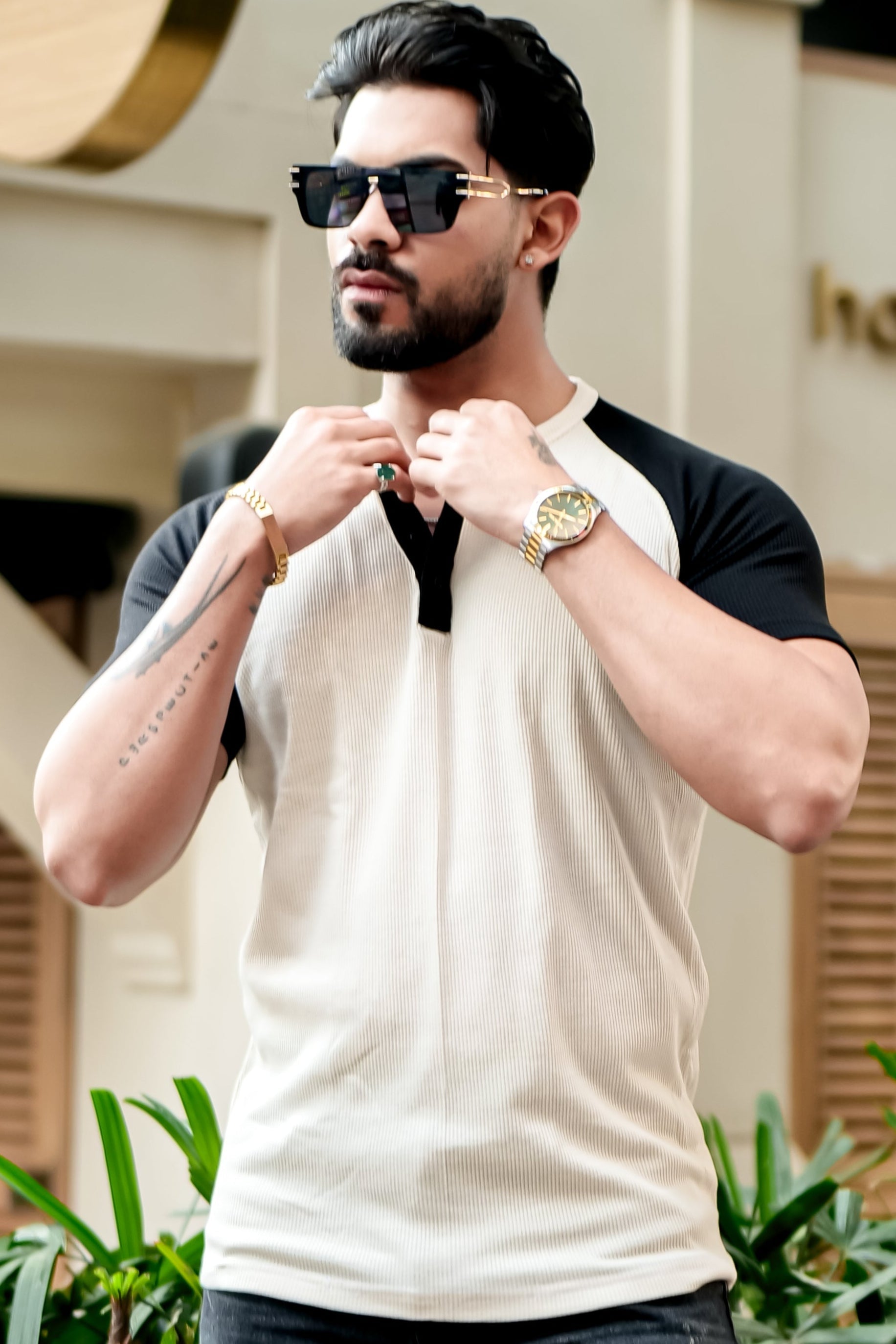 Cream Color Blocked Cotton Henley T-Shirt